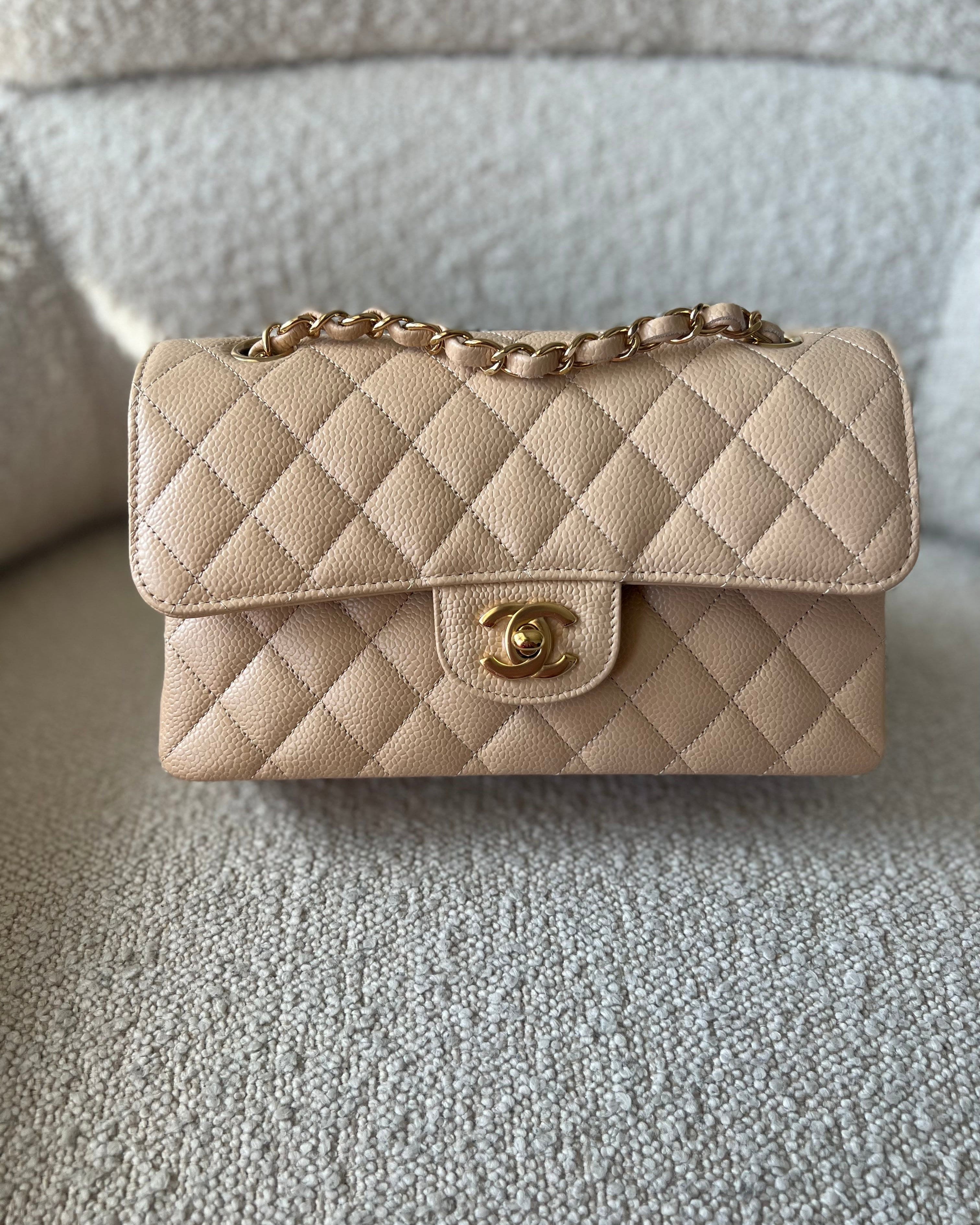 CHANEL Handbag Chanel Beige Clair Caviar Quilted Small Classic Double Flap Gold Hardware -Knockoff
