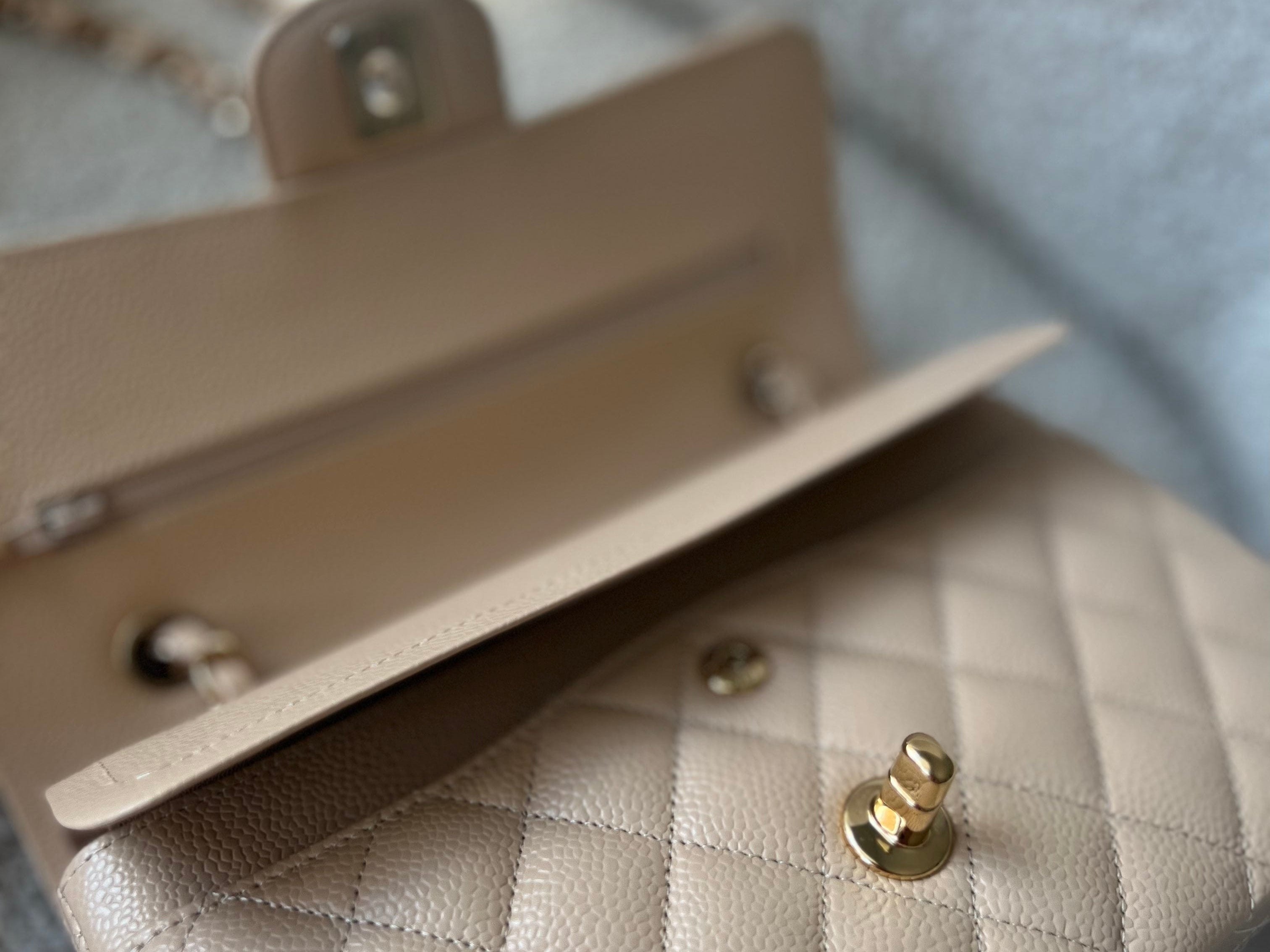 CHANEL Handbag Chanel Beige Clair Caviar Quilted Small Classic Double Flap Gold Hardware -Knockoff
