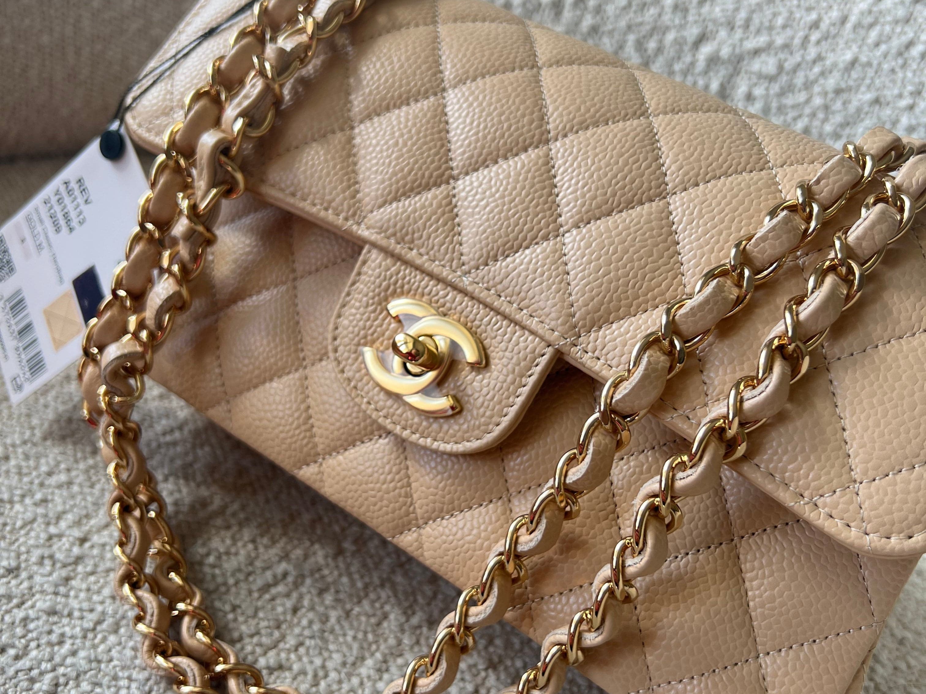 CHANEL Handbag Chanel Beige Clair Caviar Quilted Small Classic Double Flap Gold Hardware -Knockoff
