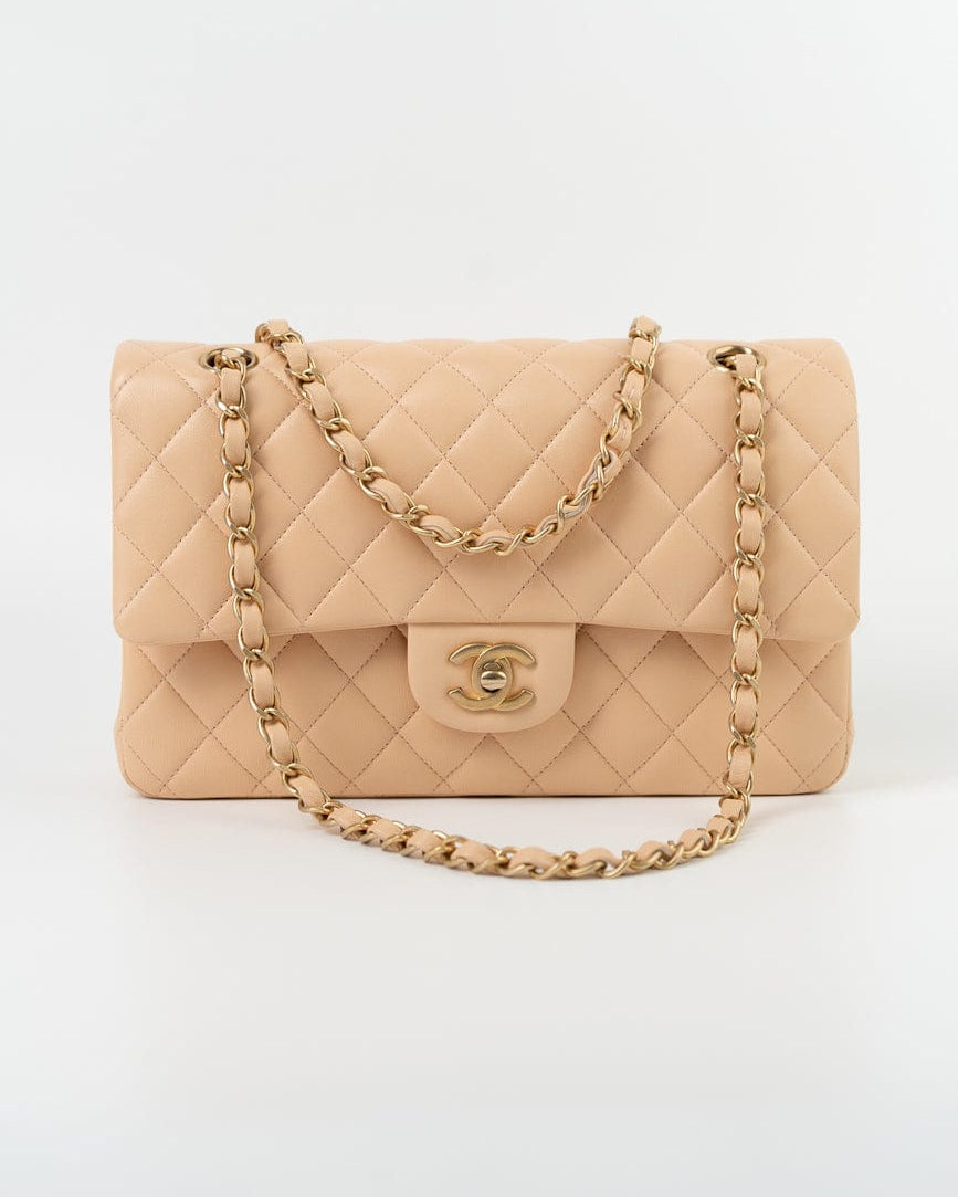 CHANEL Handbag Chanel Beige Lambskin Quilted Classic Flap Medium AGHW -Knockoff
