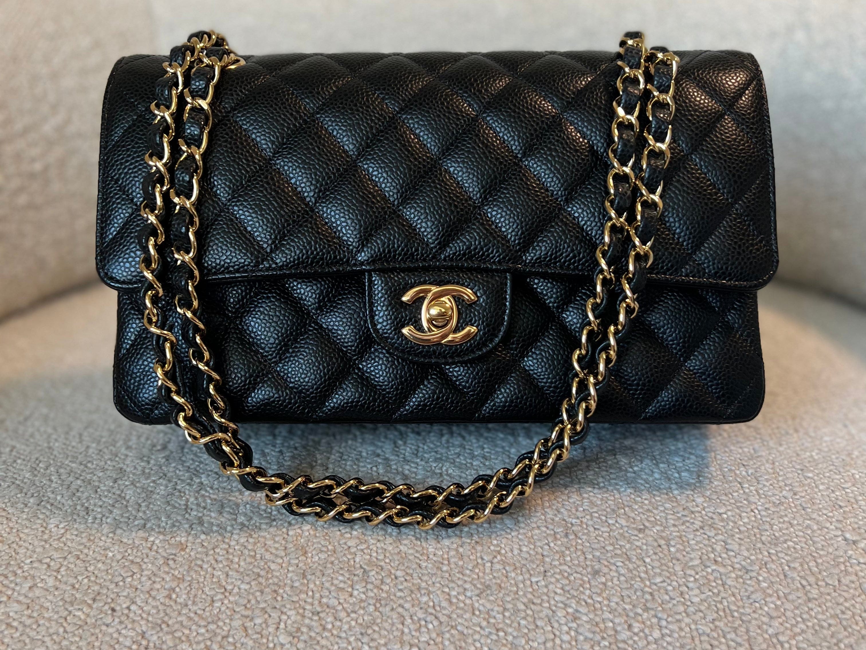 CHANEL Handbag Chanel Black Caviar Quilted Classic Double Flap Medium Gold Hardware -Knockoff
