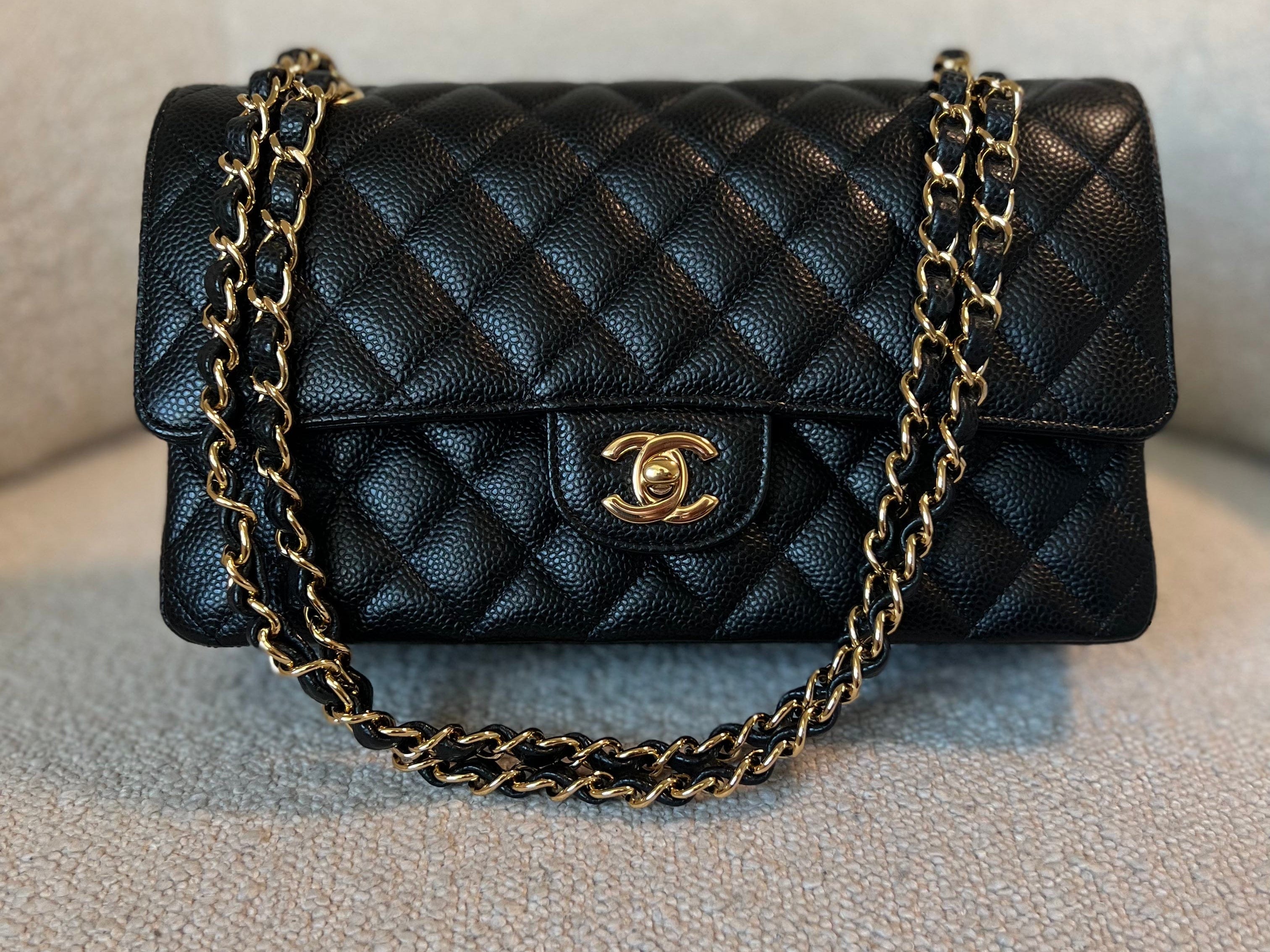 CHANEL Handbag Chanel Black Caviar Quilted Classic Double Flap Medium Gold Hardware -Knockoff
