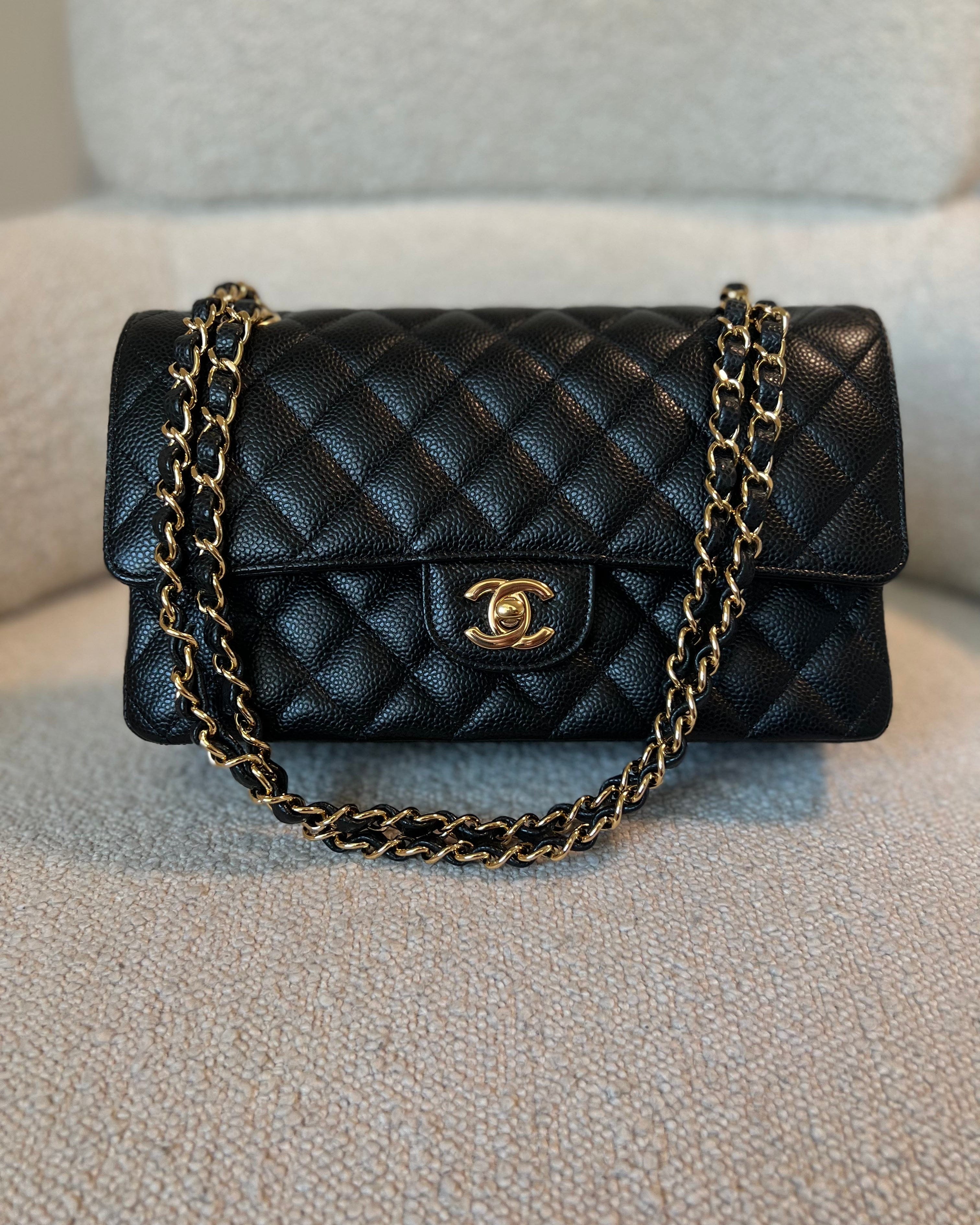 CHANEL Handbag Chanel Black Caviar Quilted Classic Double Flap Medium Gold Hardware -Knockoff
