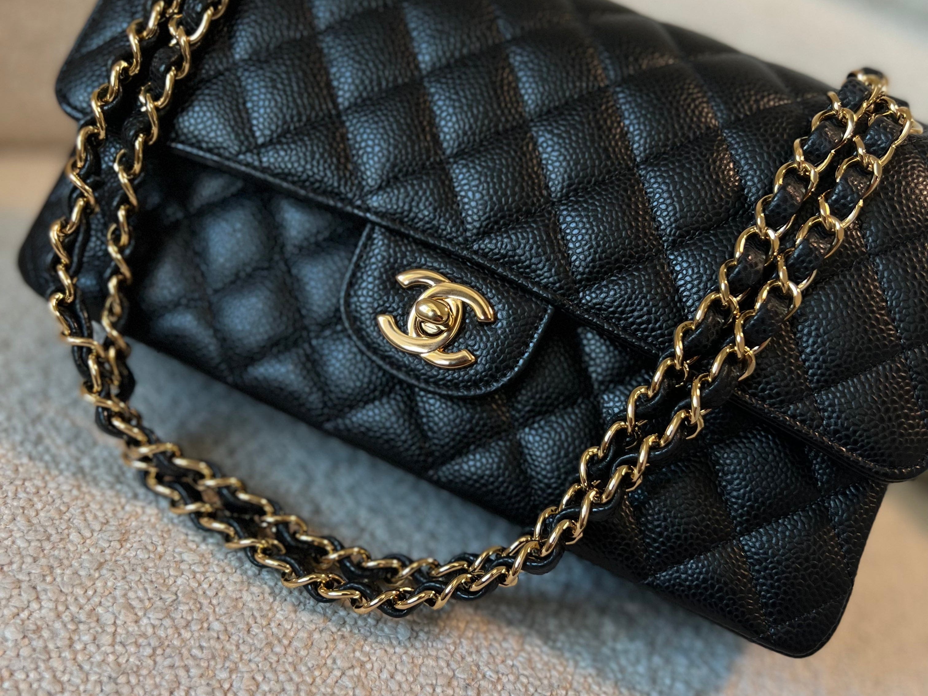 CHANEL Handbag Chanel Black Caviar Quilted Classic Double Flap Medium Gold Hardware -Knockoff
