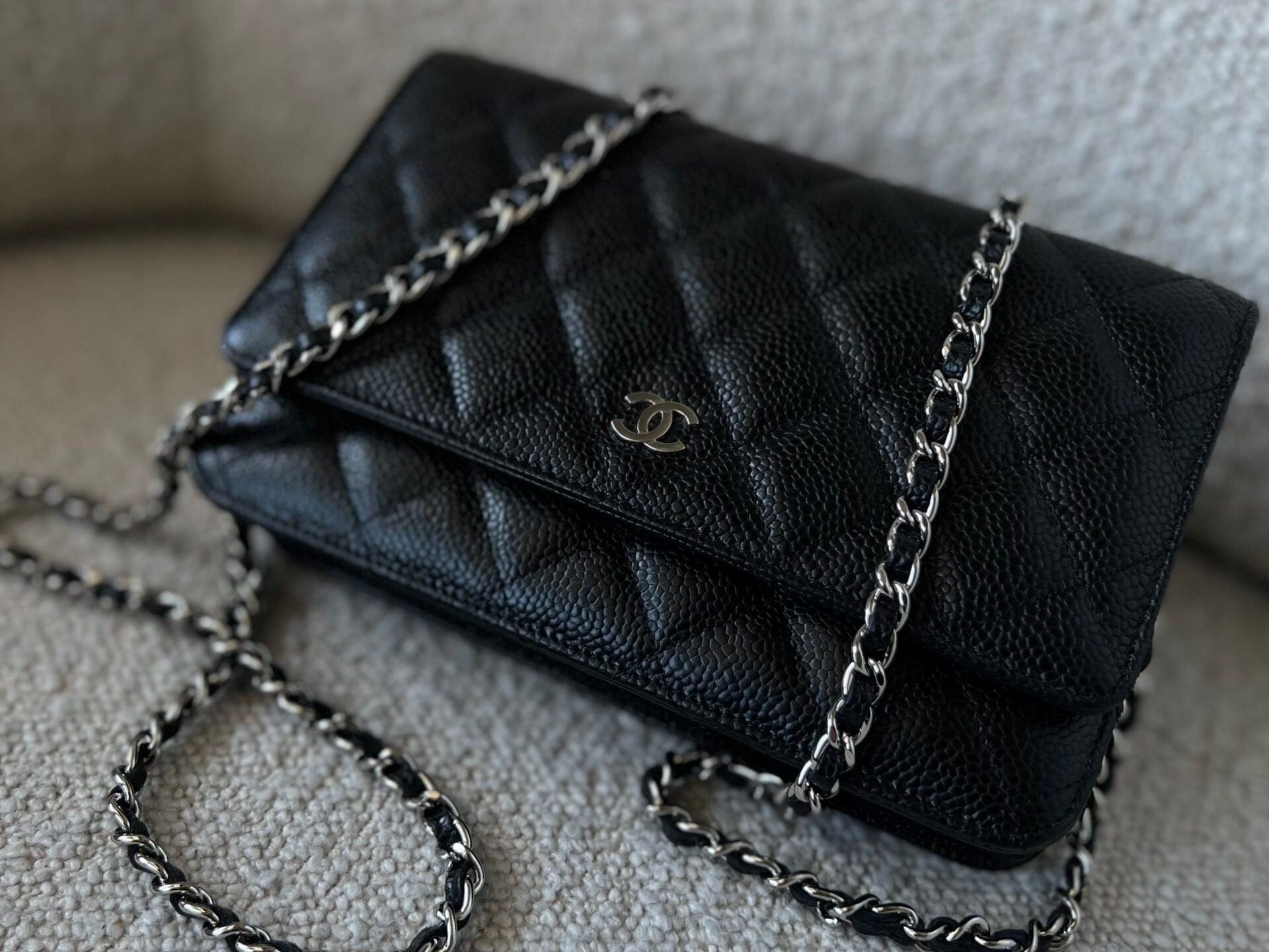 CHANEL Handbag Chanel Black Caviar Quilted Wallet On Chain Silver Hardware (WOC) -Knockoff
