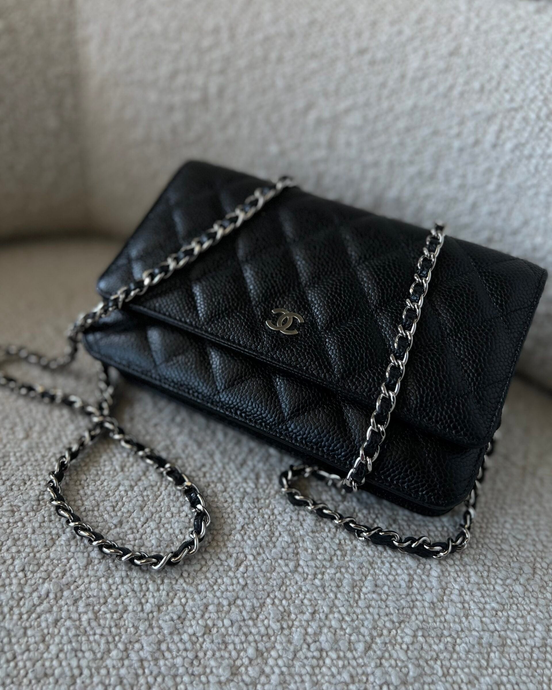 CHANEL Handbag Chanel Black Caviar Quilted Wallet On Chain Silver Hardware (WOC) -Knockoff
