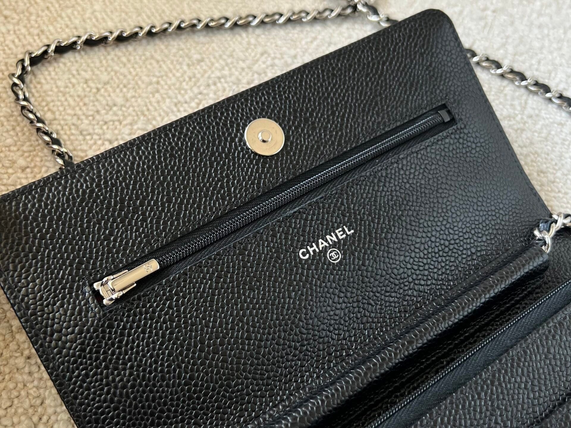 CHANEL Handbag Chanel Black Caviar Quilted Wallet On Chain Silver Hardware (WOC) -Knockoff
