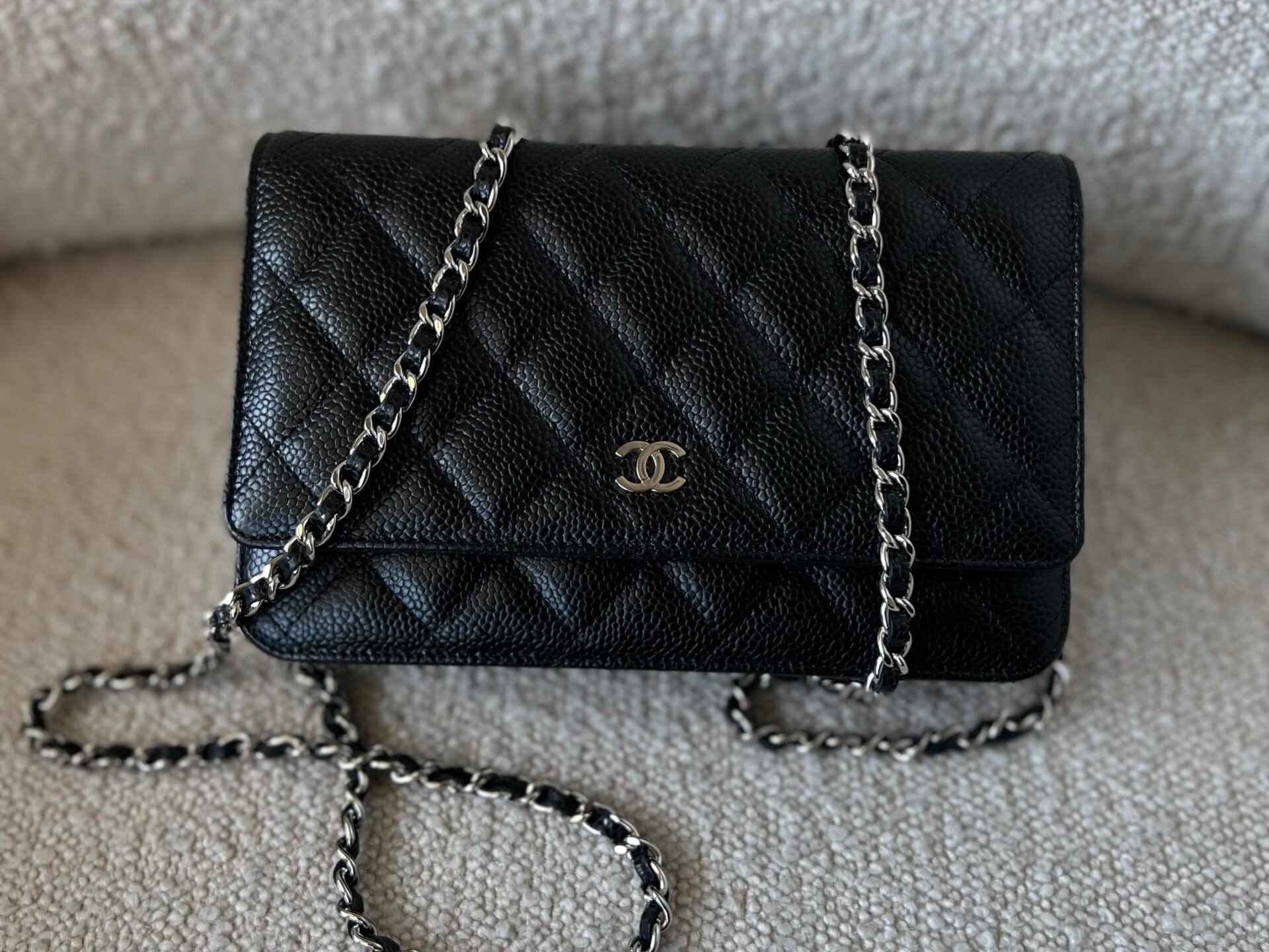 CHANEL Handbag Chanel Black Caviar Quilted Wallet On Chain Silver Hardware (WOC) -Knockoff
