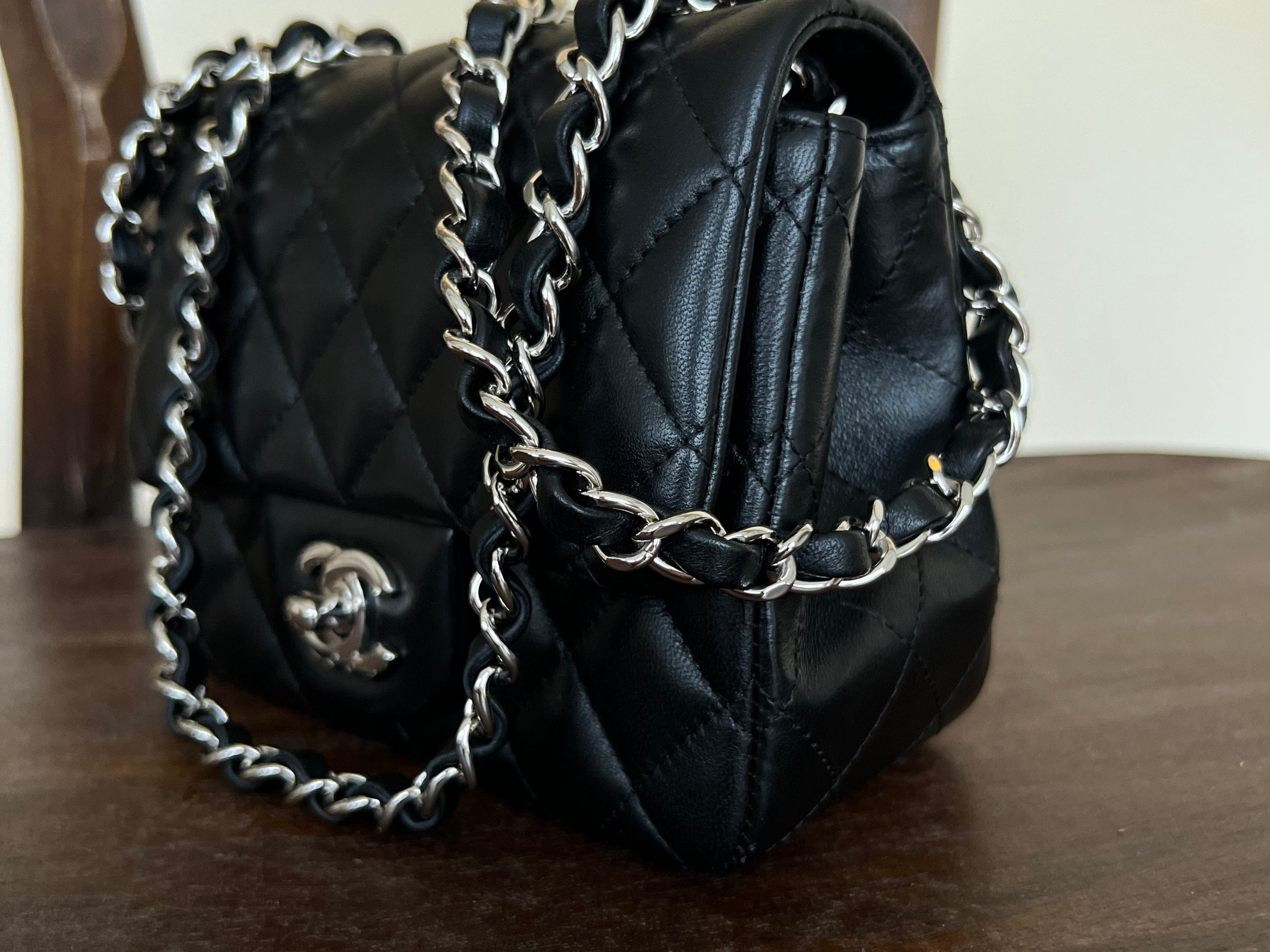 CHANEL Handbag CHANEL BLACK MINI SQUARE LAMBSKIN QUILTED FLAP SILVER HARDWARE -Knockoff
