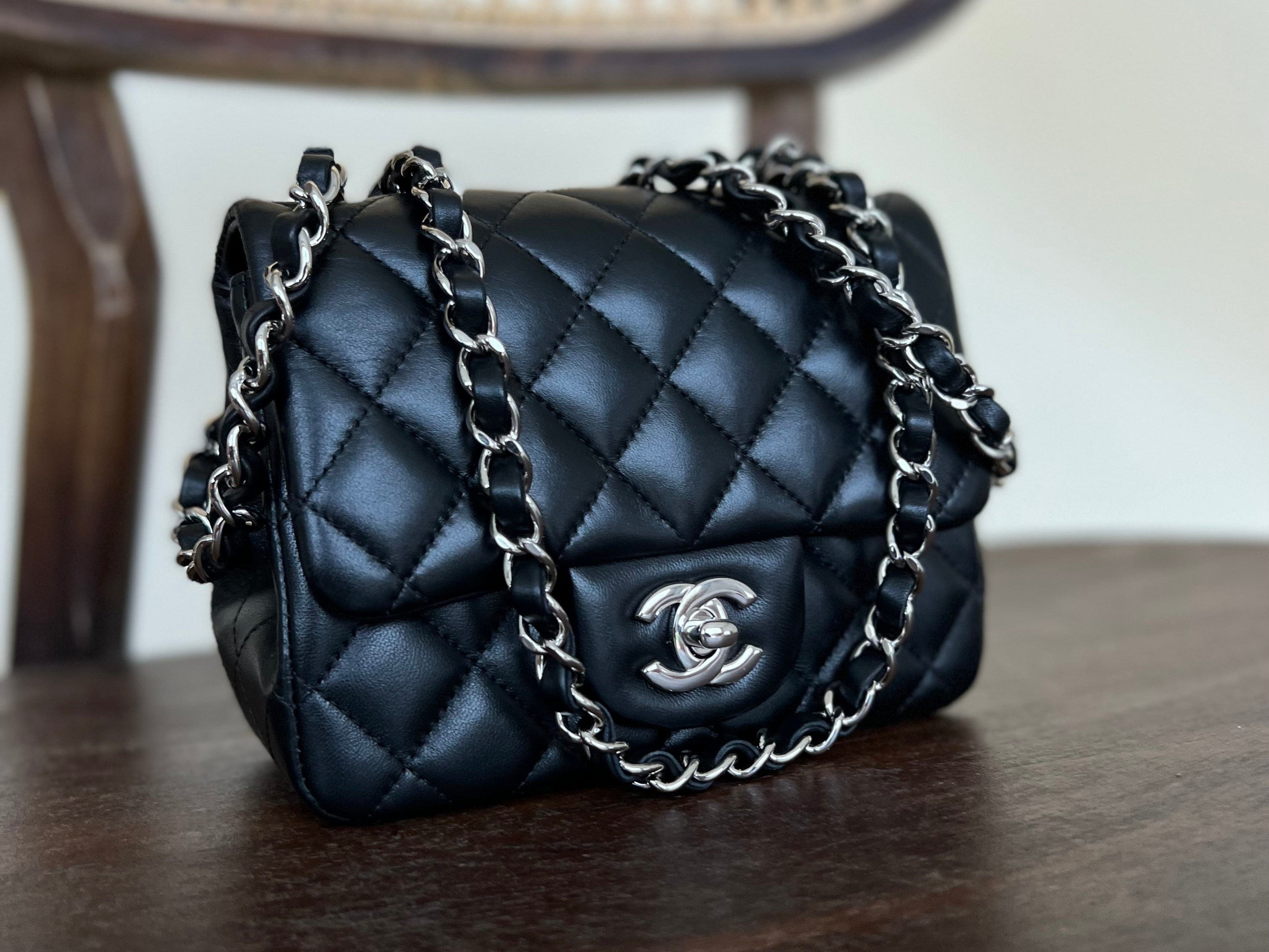 CHANEL Handbag CHANEL BLACK MINI SQUARE LAMBSKIN QUILTED FLAP SILVER HARDWARE -Knockoff
