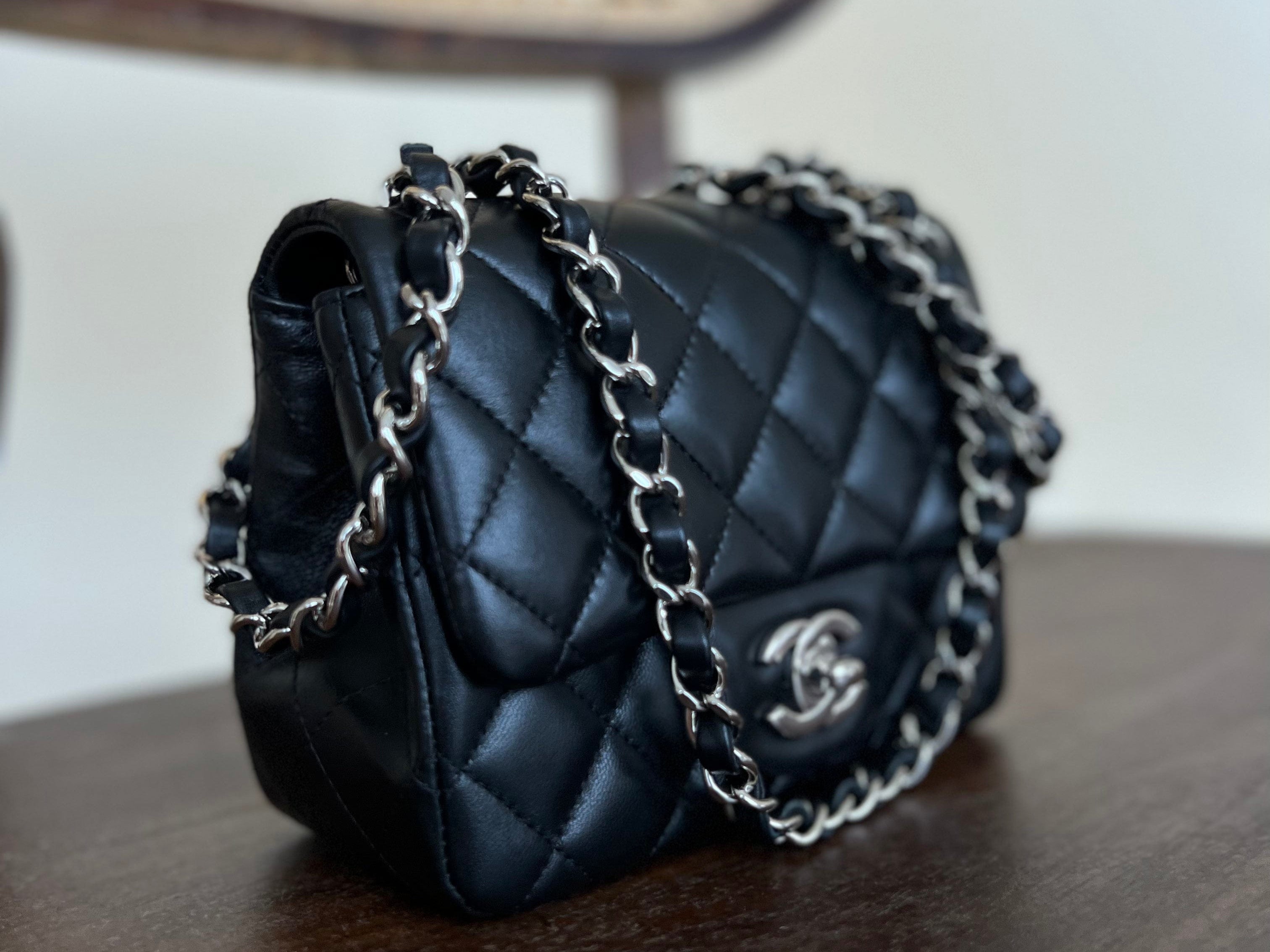 CHANEL Handbag CHANEL BLACK MINI SQUARE LAMBSKIN QUILTED FLAP SILVER HARDWARE -Knockoff
