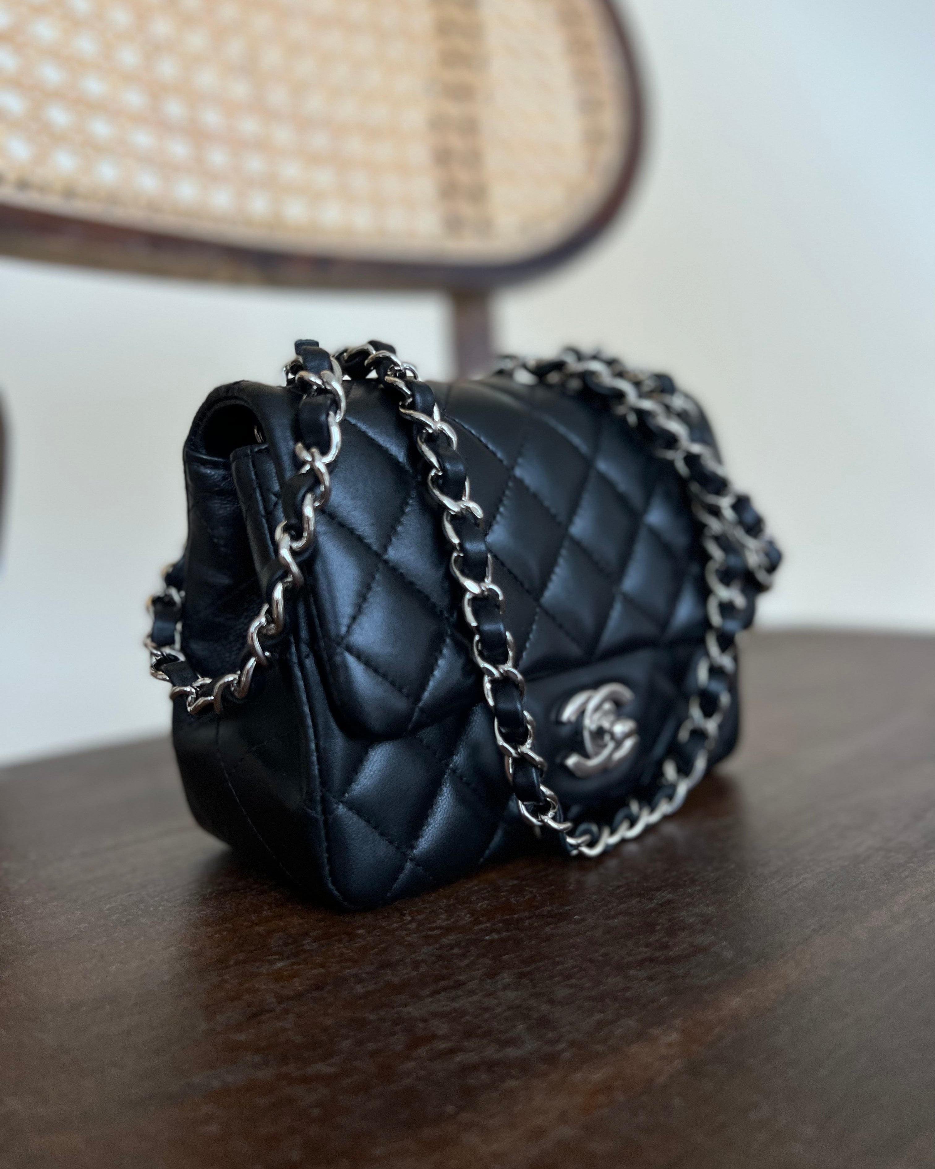 CHANEL Handbag CHANEL BLACK MINI SQUARE LAMBSKIN QUILTED FLAP SILVER HARDWARE -Knockoff
