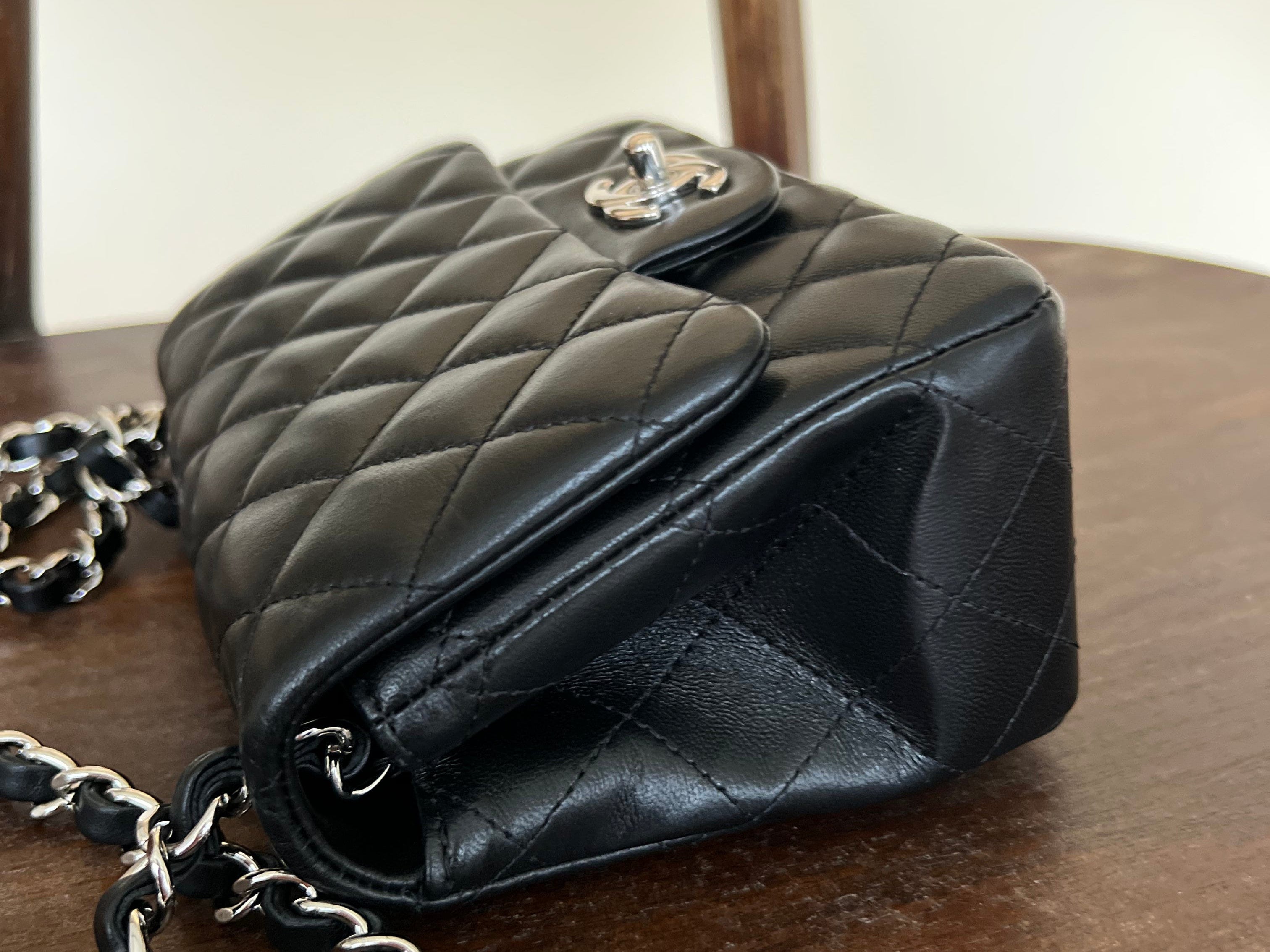 CHANEL Handbag CHANEL BLACK MINI SQUARE LAMBSKIN QUILTED FLAP SILVER HARDWARE -Knockoff
