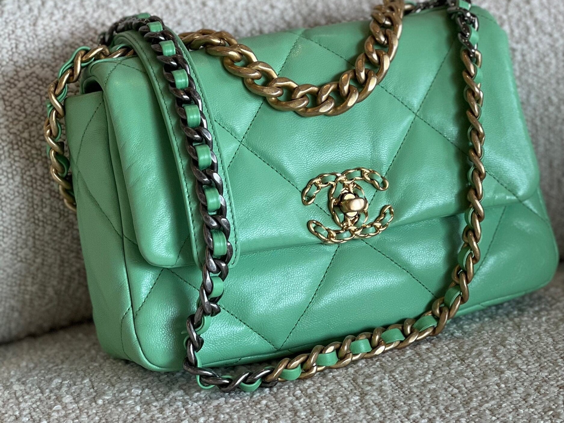 CHANEL Handbag Chanel Green Goatskin Quilted Small 19 Flap MHW -Knockoff
