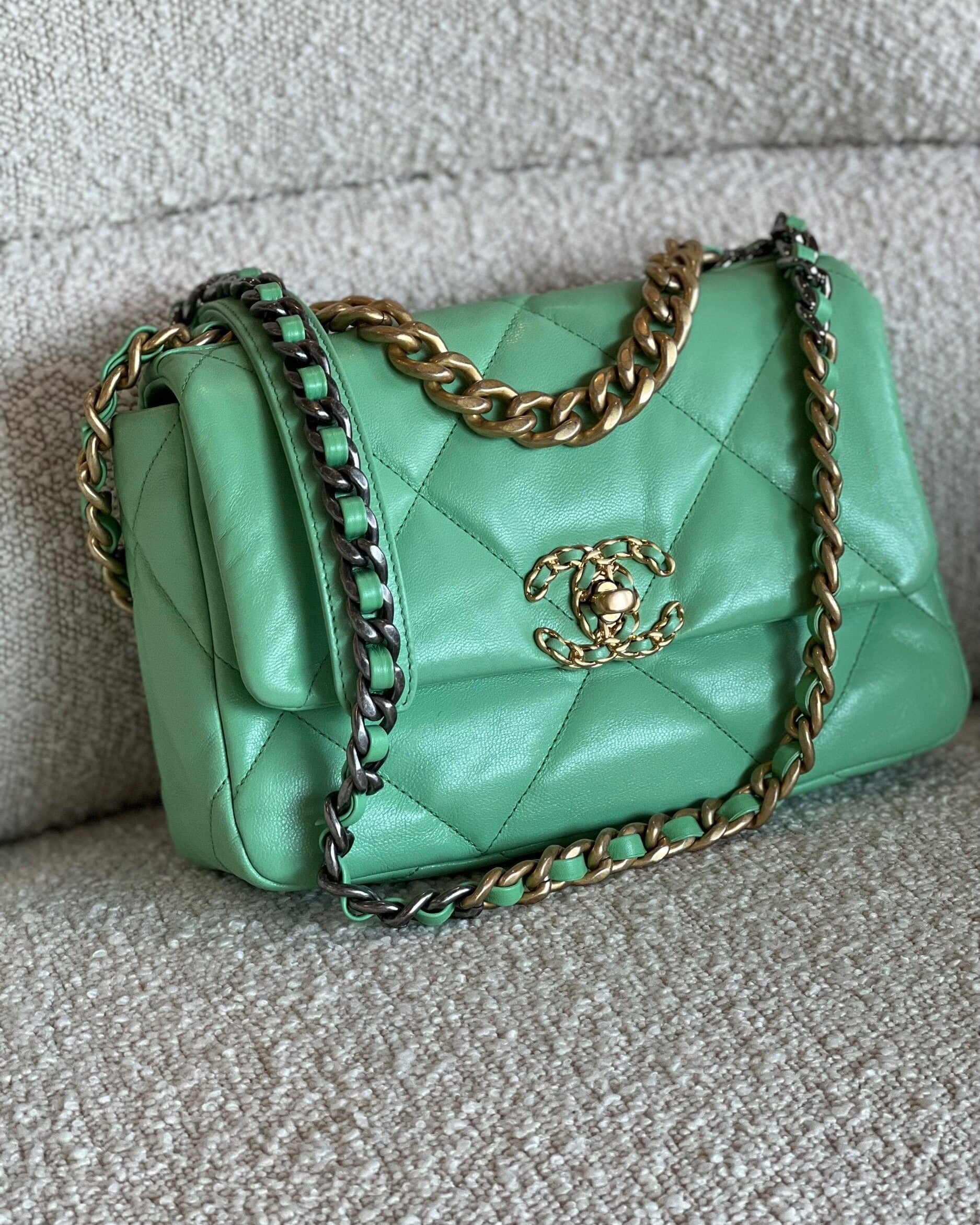 CHANEL Handbag Chanel Green Goatskin Quilted Small 19 Flap MHW -Knockoff
