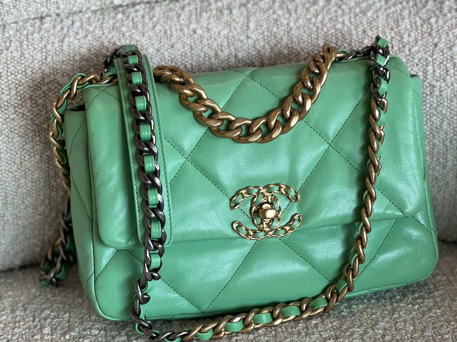 CHANEL Handbag Chanel Green Goatskin Quilted Small 19 Flap MHW -Knockoff
