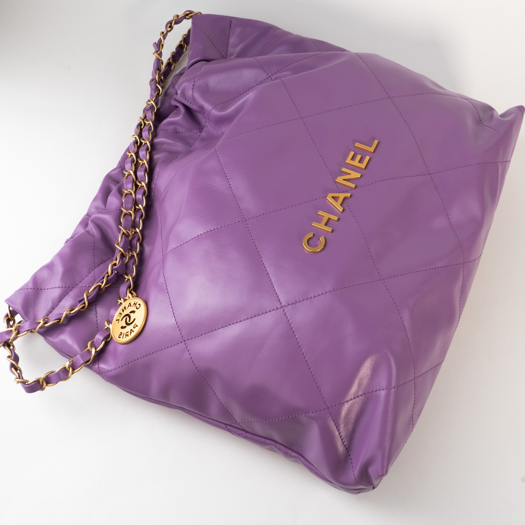 CHANEL Handbag Chanel Purple Calfskin Quilted 22 Drawstring Bag -Knockoff
