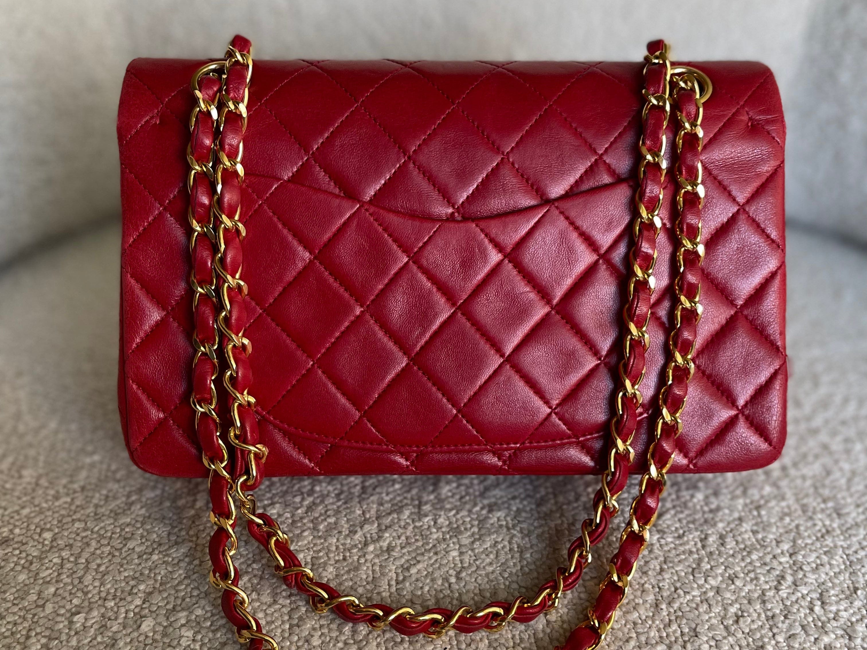 CHANEL Handbag Chanel Small Vintage Red Lambskin Quilted Classic Flap GHW -Knockoff
