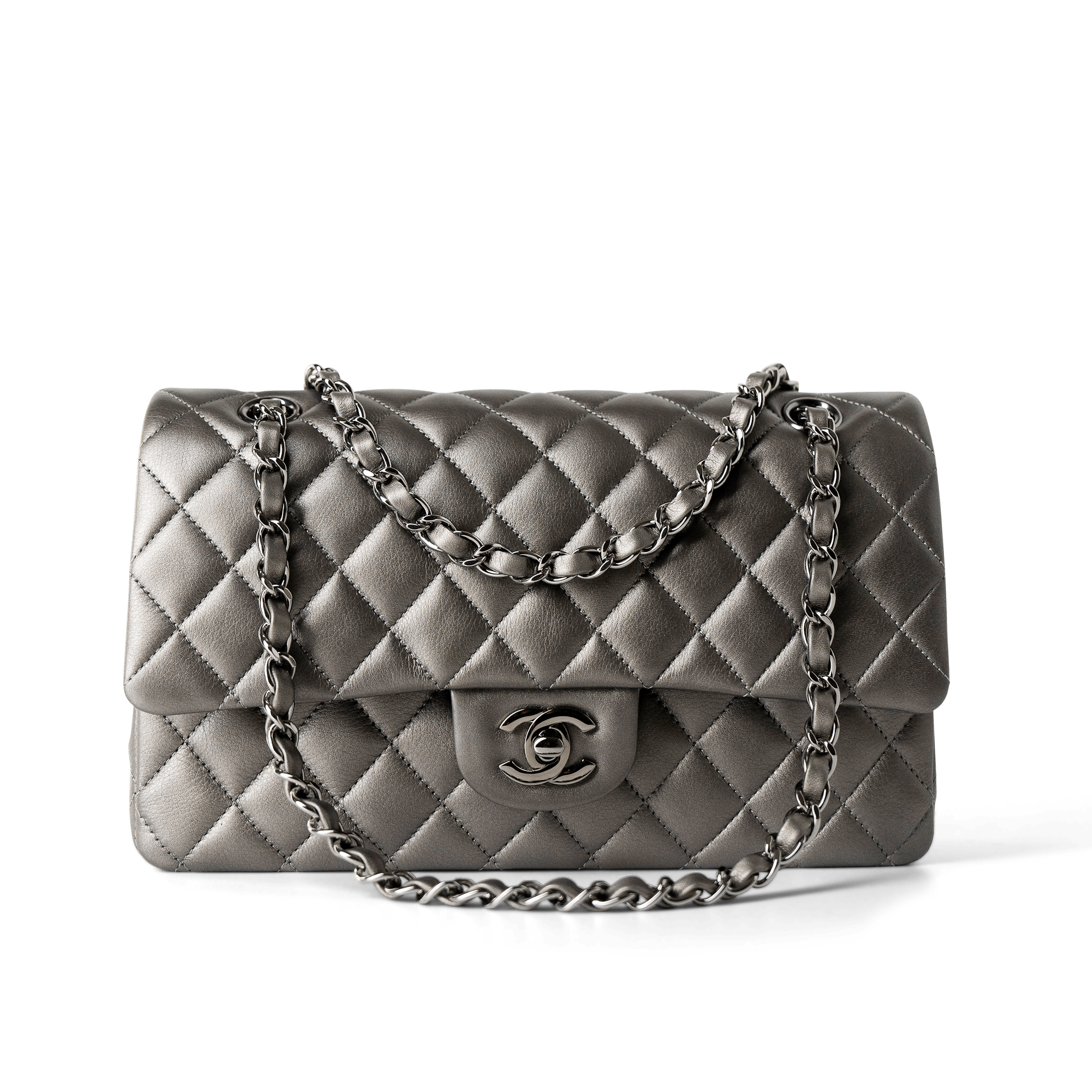 CHANEL Handbag Classic flap / Grey 21B Metallic Ruthenium Lambskin Quilted Classic Flap Medium Ruthenium Hardware -Knockoff
