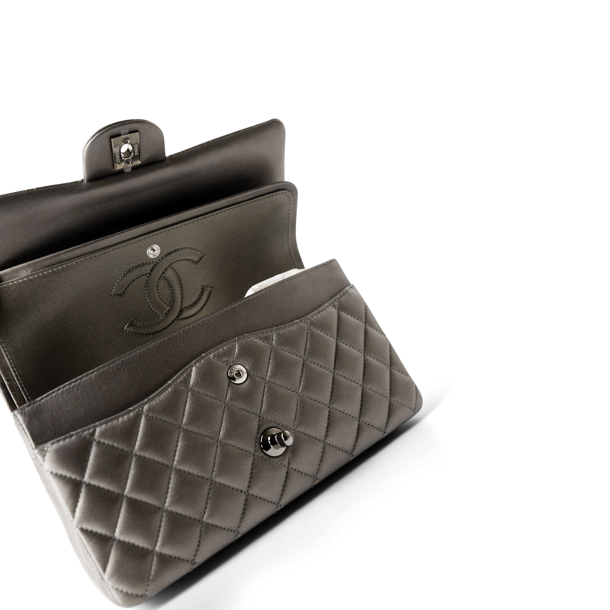 CHANEL Handbag Classic flap / Grey 21B Metallic Ruthenium Lambskin Quilted Classic Flap Medium Ruthenium Hardware -Knockoff
