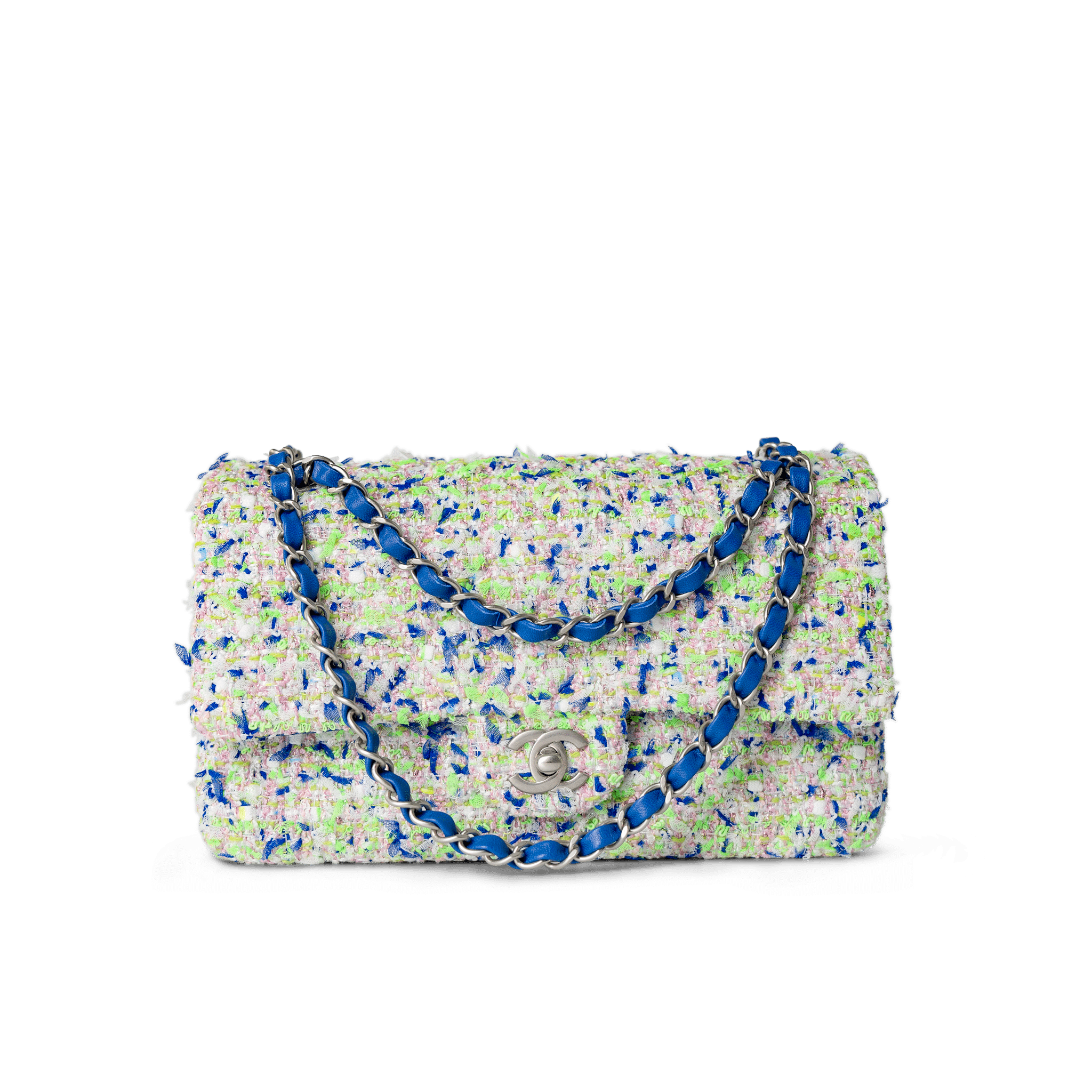 CHANEL Handbag Classic Flap / White 23S White Blue Green Tweed Quilted Classic Flap Medium -Knockoff
