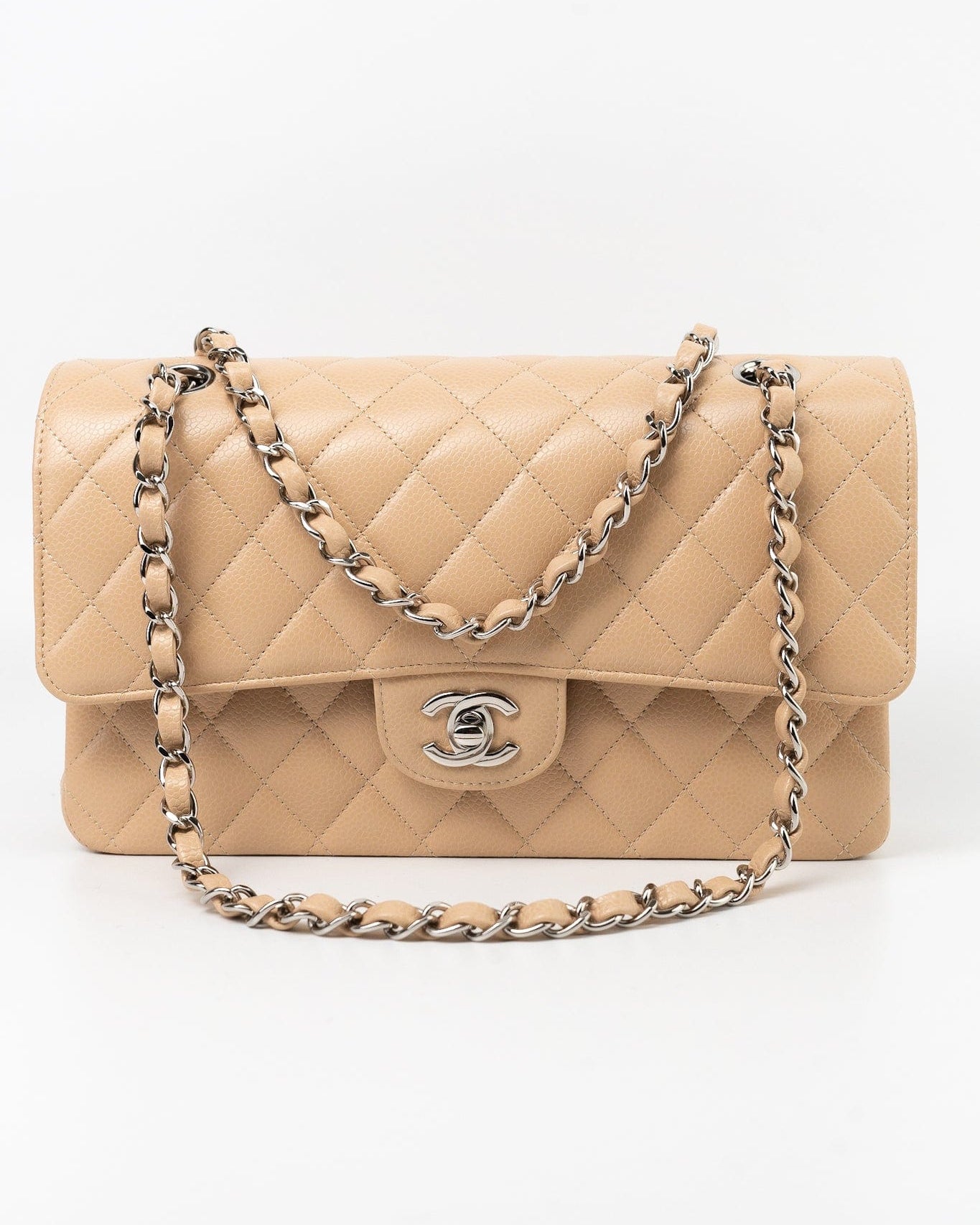 CHANEL Handbag Cream Beige Clair Caviar Quilted Classic Flap Medium Silver Hardware -Knockoff
