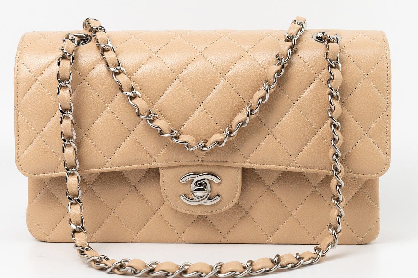 CHANEL Handbag Cream Beige Clair Caviar Quilted Classic Flap Medium Silver Hardware -Knockoff
