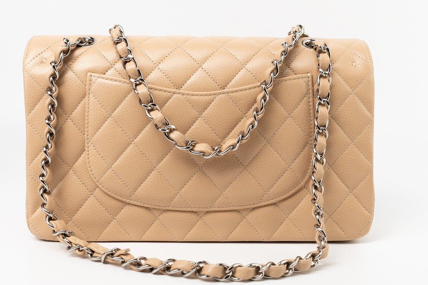 CHANEL Handbag Cream Beige Clair Caviar Quilted Classic Flap Medium Silver Hardware -Knockoff
