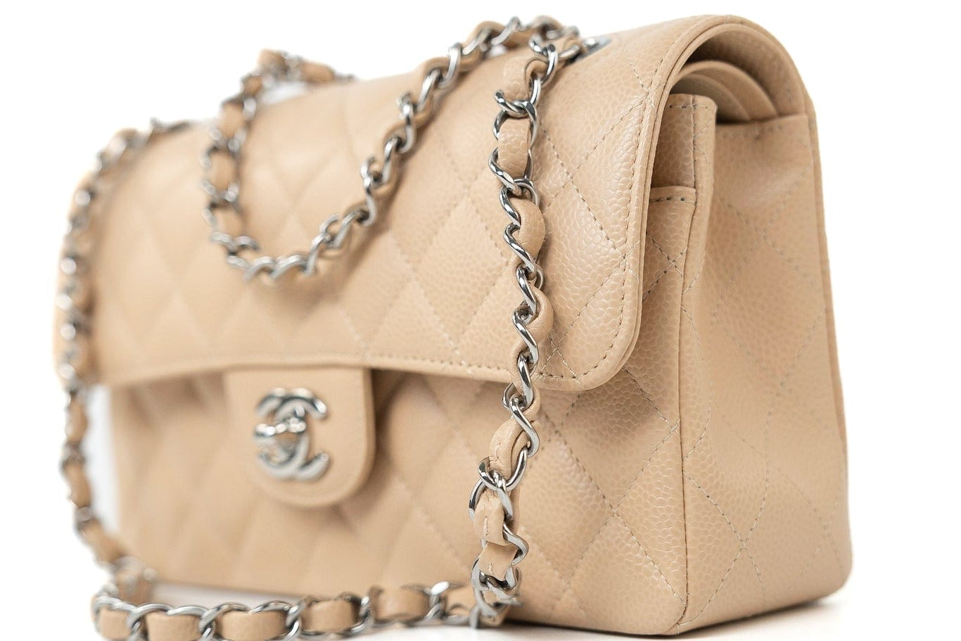 CHANEL Handbag Cream Beige Clair Caviar Quilted Classic Flap Small Silver Hardware -Knockoff
