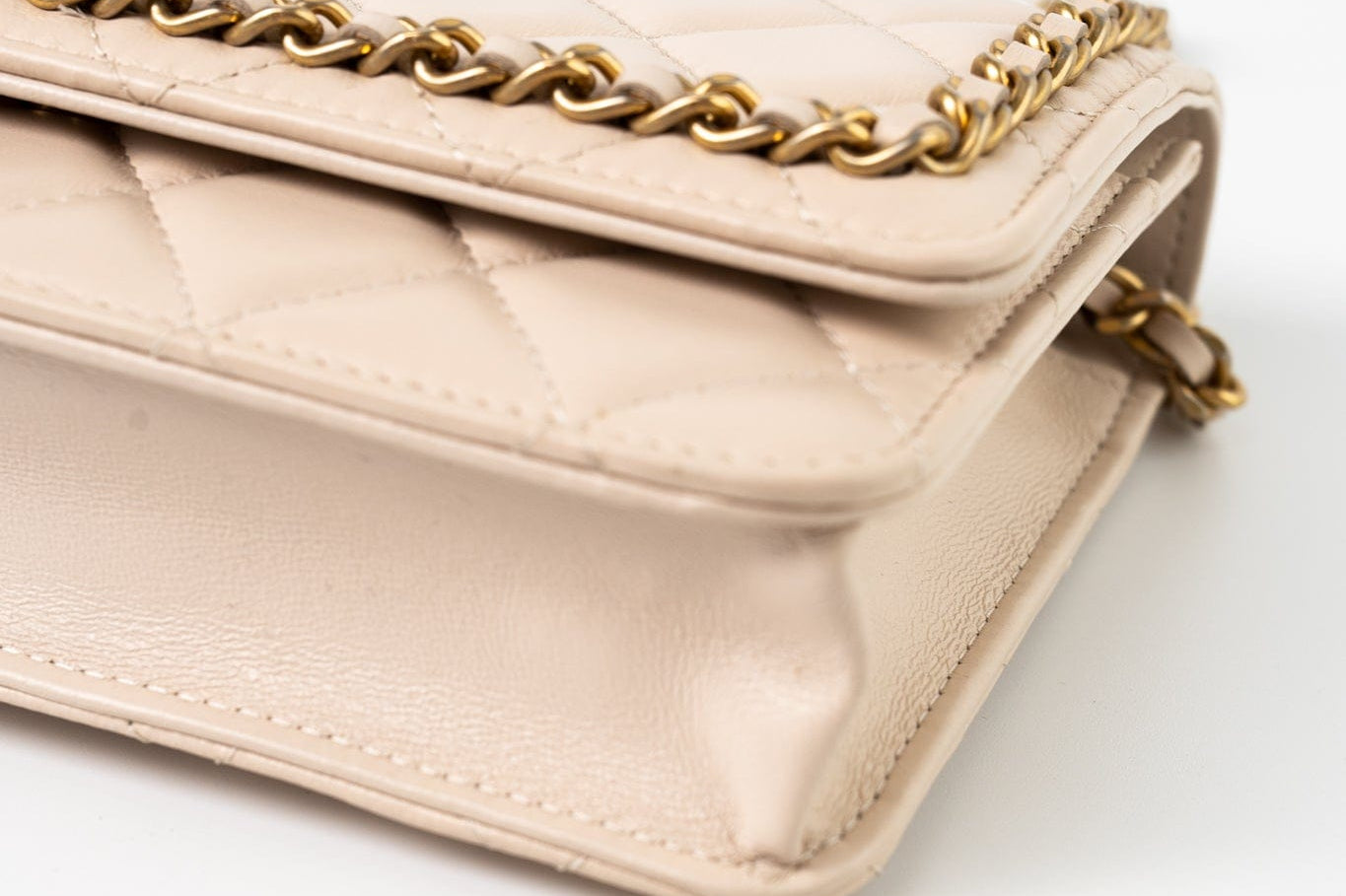 CHANEL Handbag Cream Nude/ Ecru Lambskin Quilted Chain Around Wallet On Chain WOC Aged Gold Hardware -Knockoff
