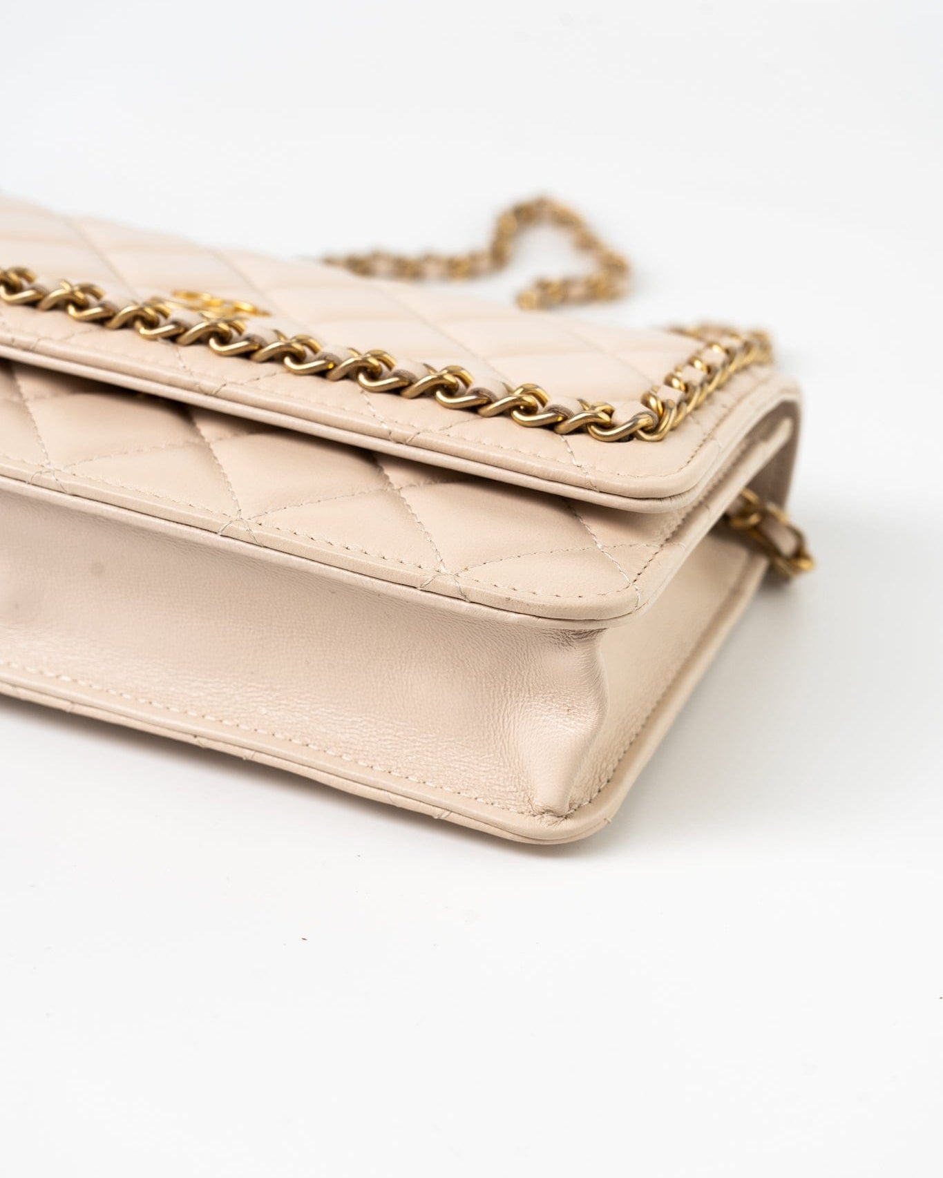 CHANEL Handbag Cream Nude/ Ecru Lambskin Quilted Chain Around Wallet On Chain WOC Aged Gold Hardware -Knockoff
