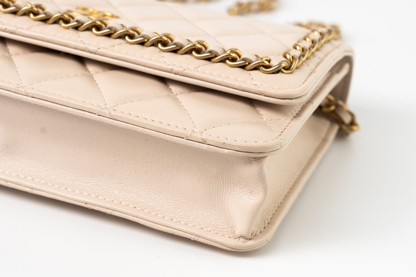 CHANEL Handbag Cream Nude/ Ecru Lambskin Quilted Chain Around Wallet On Chain WOC Aged Gold Hardware -Knockoff
