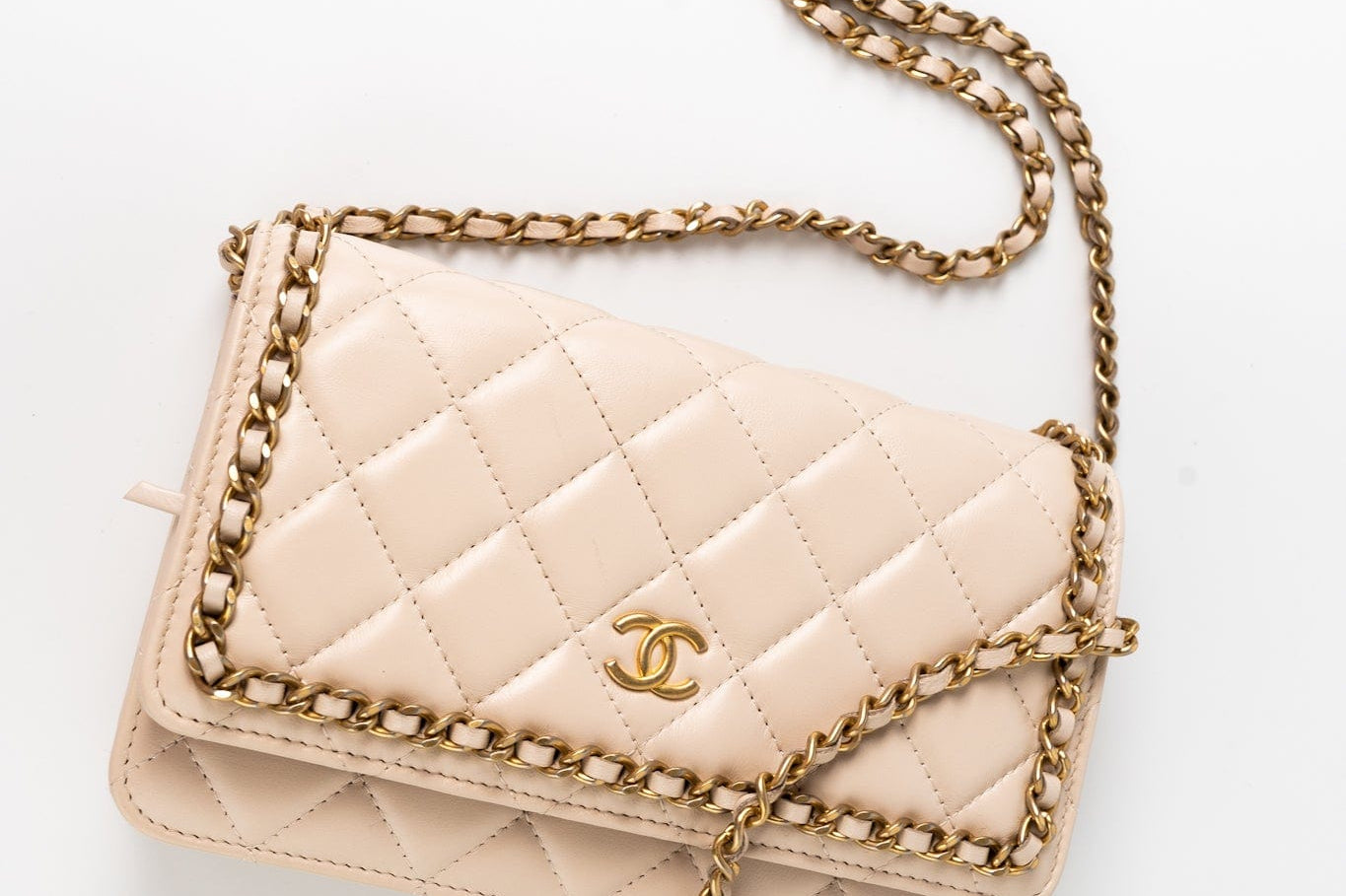 CHANEL Handbag Cream Nude/ Ecru Lambskin Quilted Chain Around Wallet On Chain WOC Aged Gold Hardware -Knockoff
