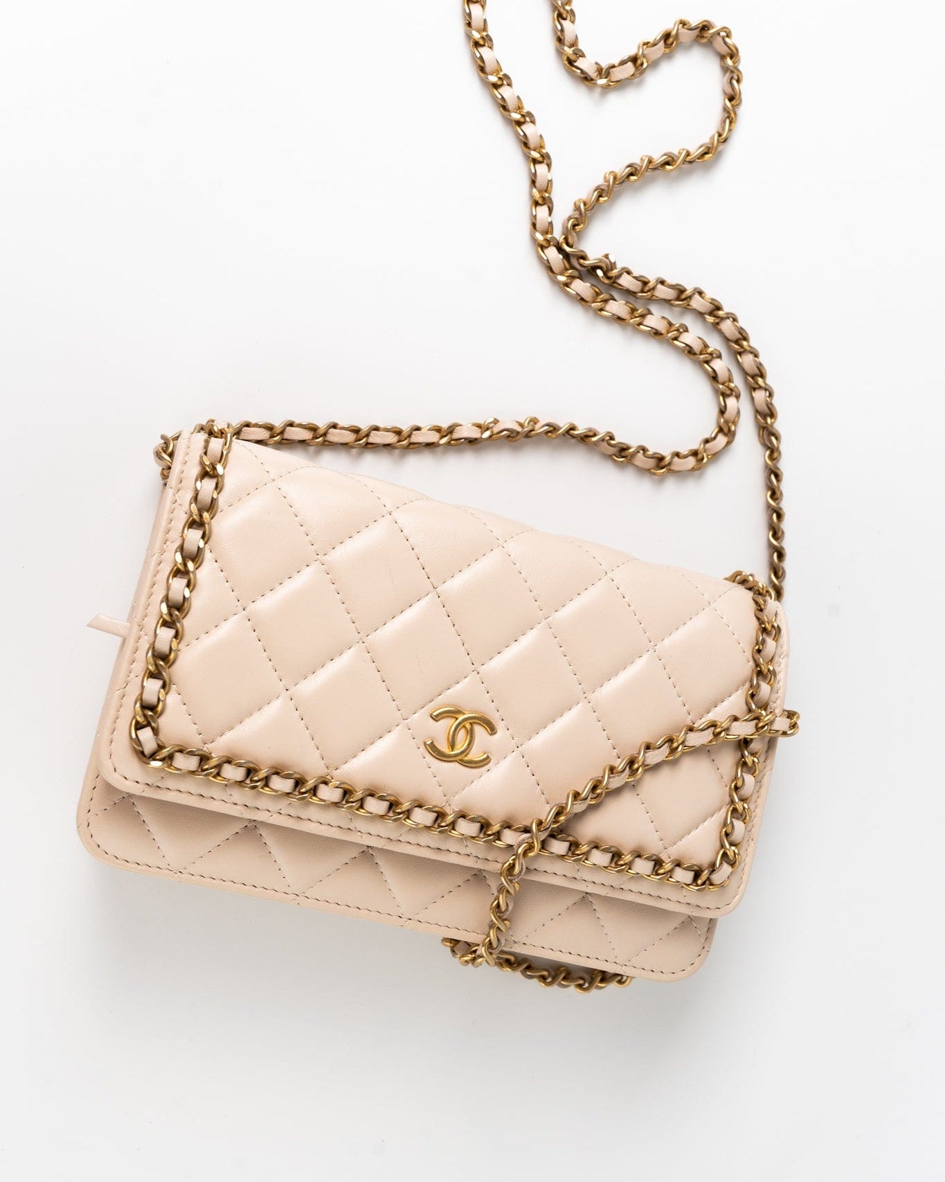 CHANEL Handbag Cream Nude/ Ecru Lambskin Quilted Chain Around Wallet On Chain WOC Aged Gold Hardware -Knockoff
