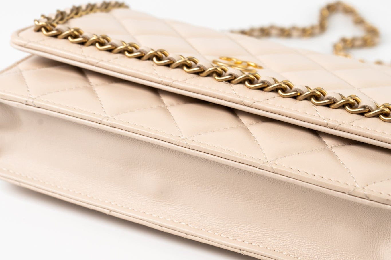 CHANEL Handbag Cream Nude/ Ecru Lambskin Quilted Chain Around Wallet On Chain WOC Aged Gold Hardware -Knockoff
