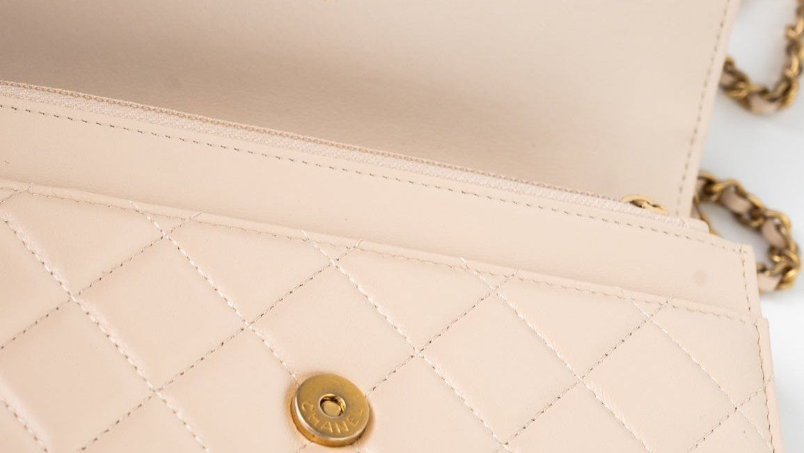 CHANEL Handbag Cream Nude/ Ecru Lambskin Quilted Chain Around Wallet On Chain WOC Aged Gold Hardware -Knockoff
