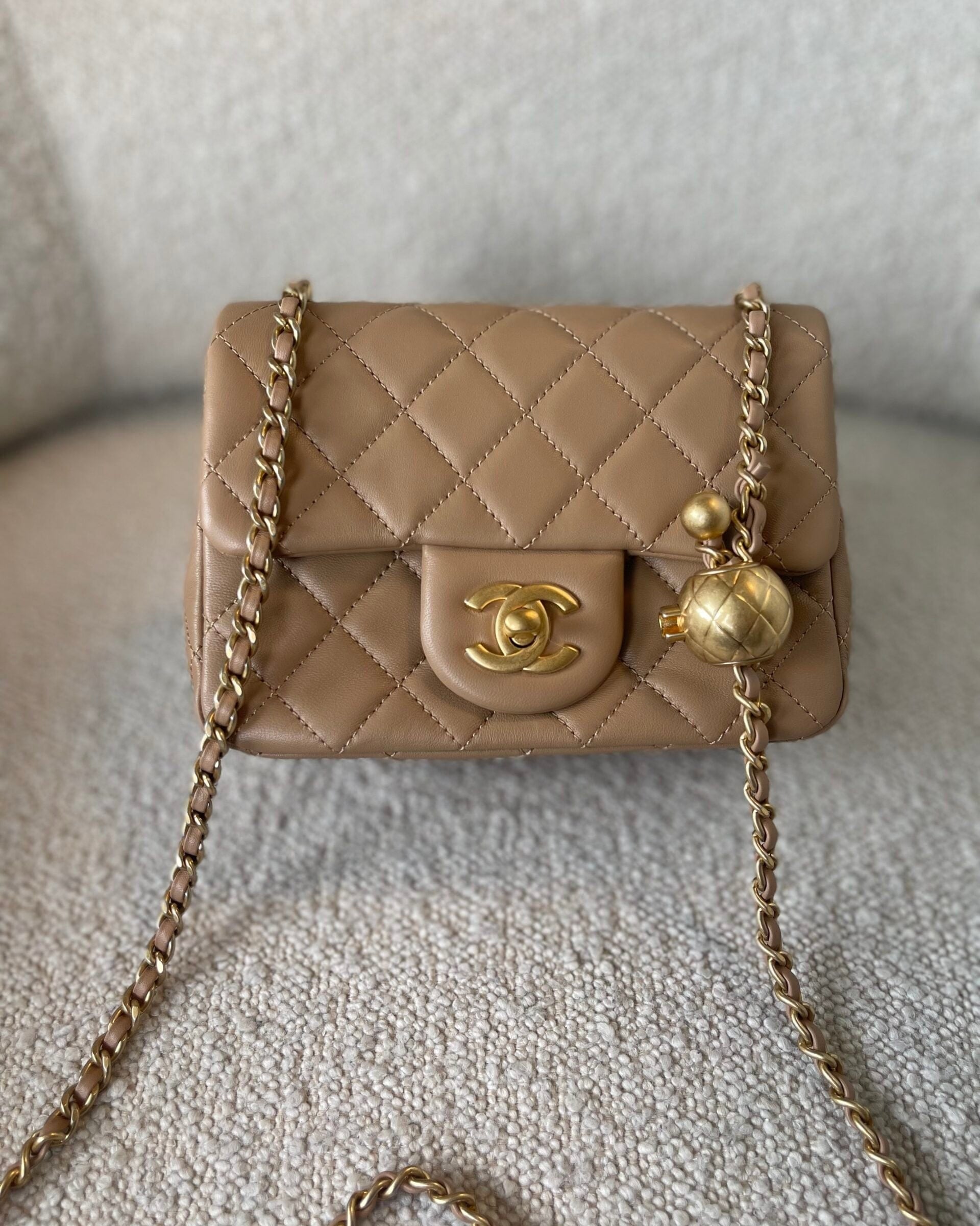 CHANEL Handbag Dark Beige Lambskin Quilted Pearl Crush Mini Aged Hardware -Knockoff
