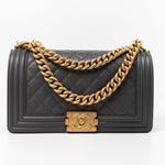 CHANEL Handbag Dark Grey Boy Bag Old Medium Caviar Quilted w/ Aged Gold Hardware -Knockoff
