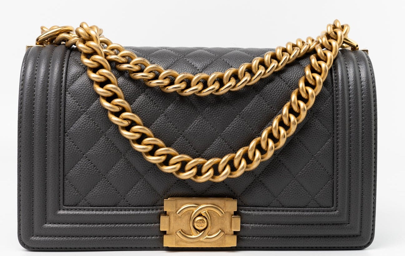 CHANEL Handbag Dark Grey Boy Bag Old Medium Caviar Quilted w/ Aged Gold Hardware -Knockoff
