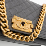 CHANEL Handbag Dark Grey Boy Bag Old Medium Caviar Quilted w/ Aged Gold Hardware -Knockoff
