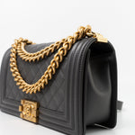 CHANEL Handbag Dark Grey Boy Bag Old Medium Caviar Quilted w/ Aged Gold Hardware -Knockoff
