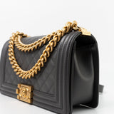 CHANEL Handbag Dark Grey Boy Bag Old Medium Caviar Quilted w/ Aged Gold Hardware -Knockoff
