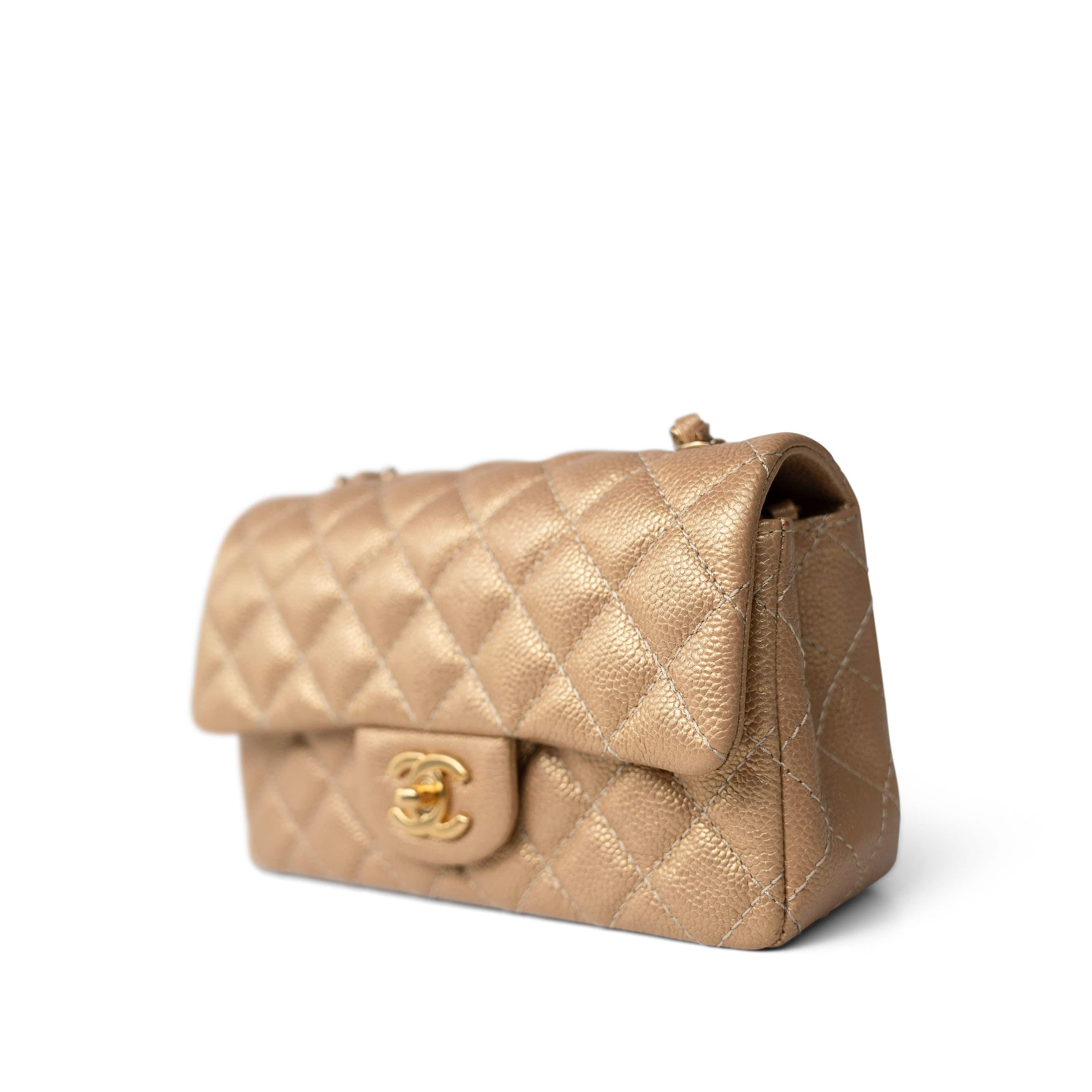 CHANEL Handbag Gold 15C Gold Caviar Quilted Mini Rectangular Flap Antique Gold Hardware -Knockoff
