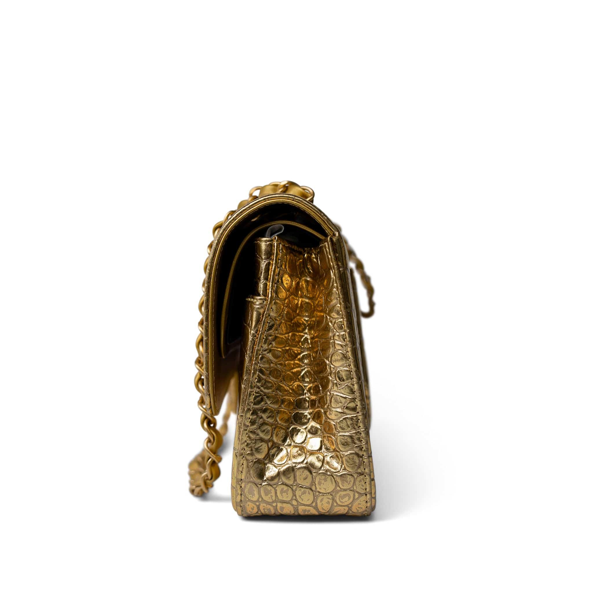 CHANEL Handbag Gold Metallic Calfskin Crocodile Embossed Classic Flap Medium Antique Gold Hardware -Knockoff
