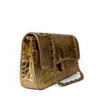 CHANEL Handbag Gold Metallic Calfskin Crocodile Embossed Classic Flap Medium Antique Gold Hardware -Knockoff
