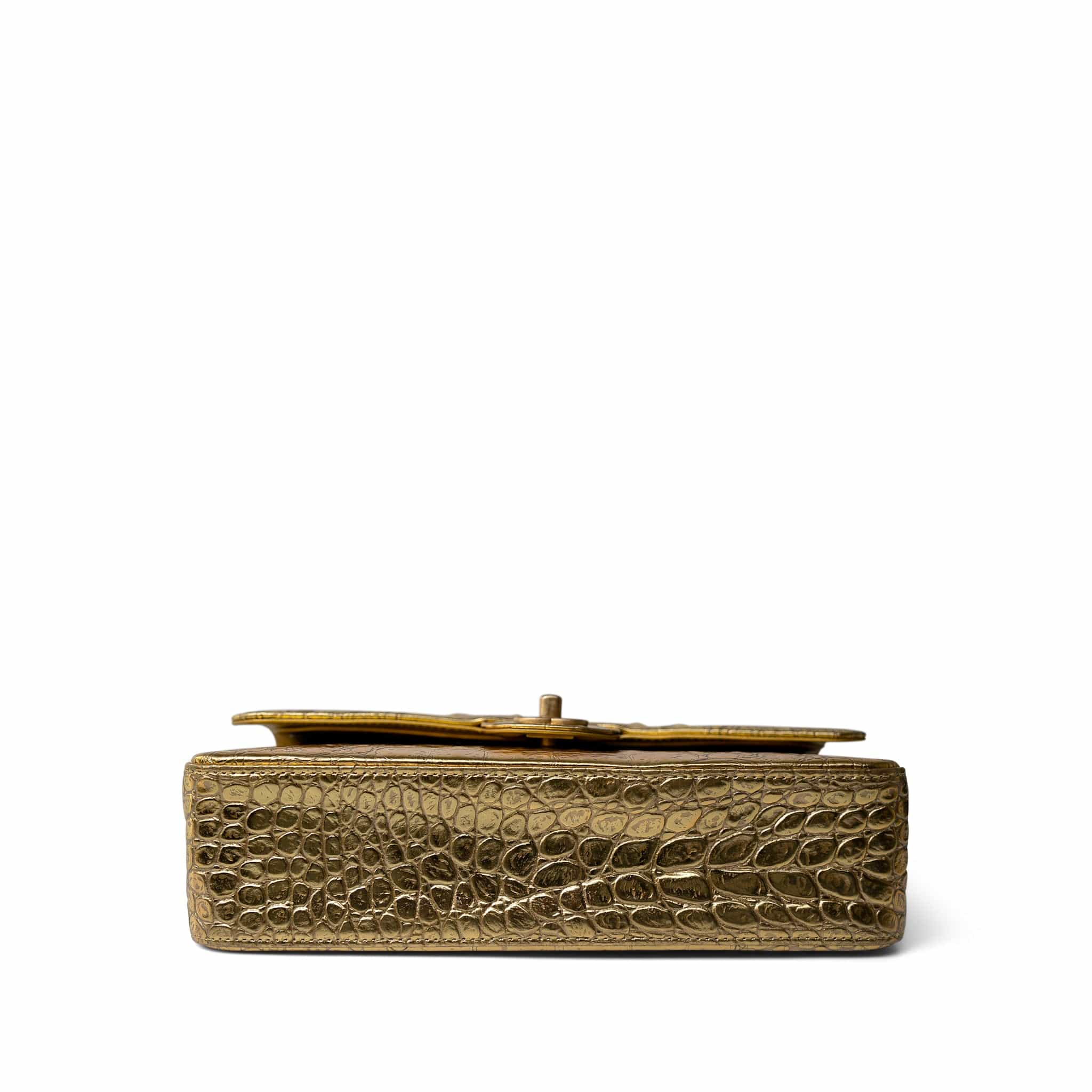 CHANEL Handbag Gold Metallic Calfskin Crocodile Embossed Classic Flap Medium Antique Gold Hardware -Knockoff
