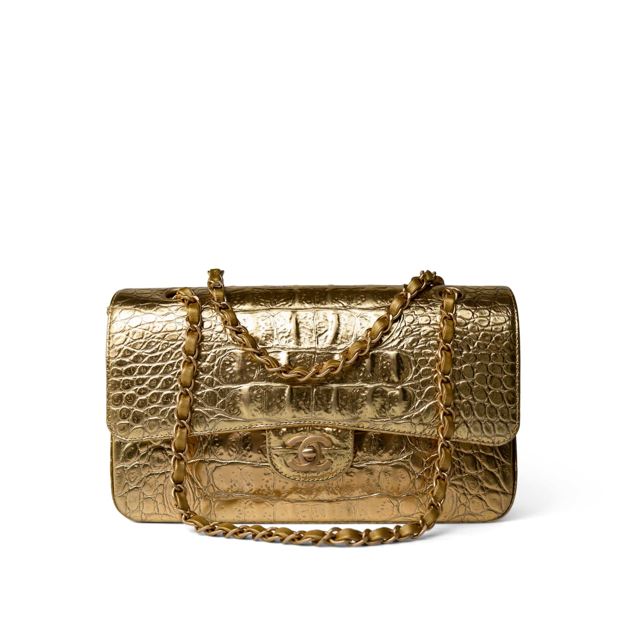 CHANEL Handbag Gold Metallic Calfskin Crocodile Embossed Classic Flap Medium Antique Gold Hardware -Knockoff
