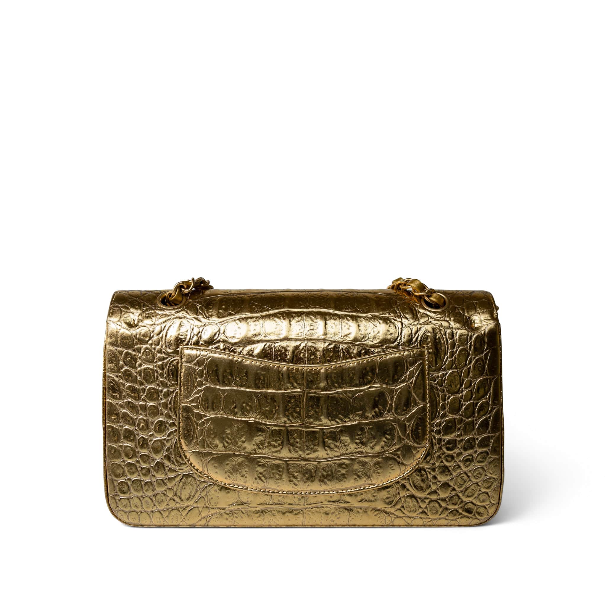 CHANEL Handbag Gold Metallic Calfskin Crocodile Embossed Classic Flap Medium Antique Gold Hardware -Knockoff
