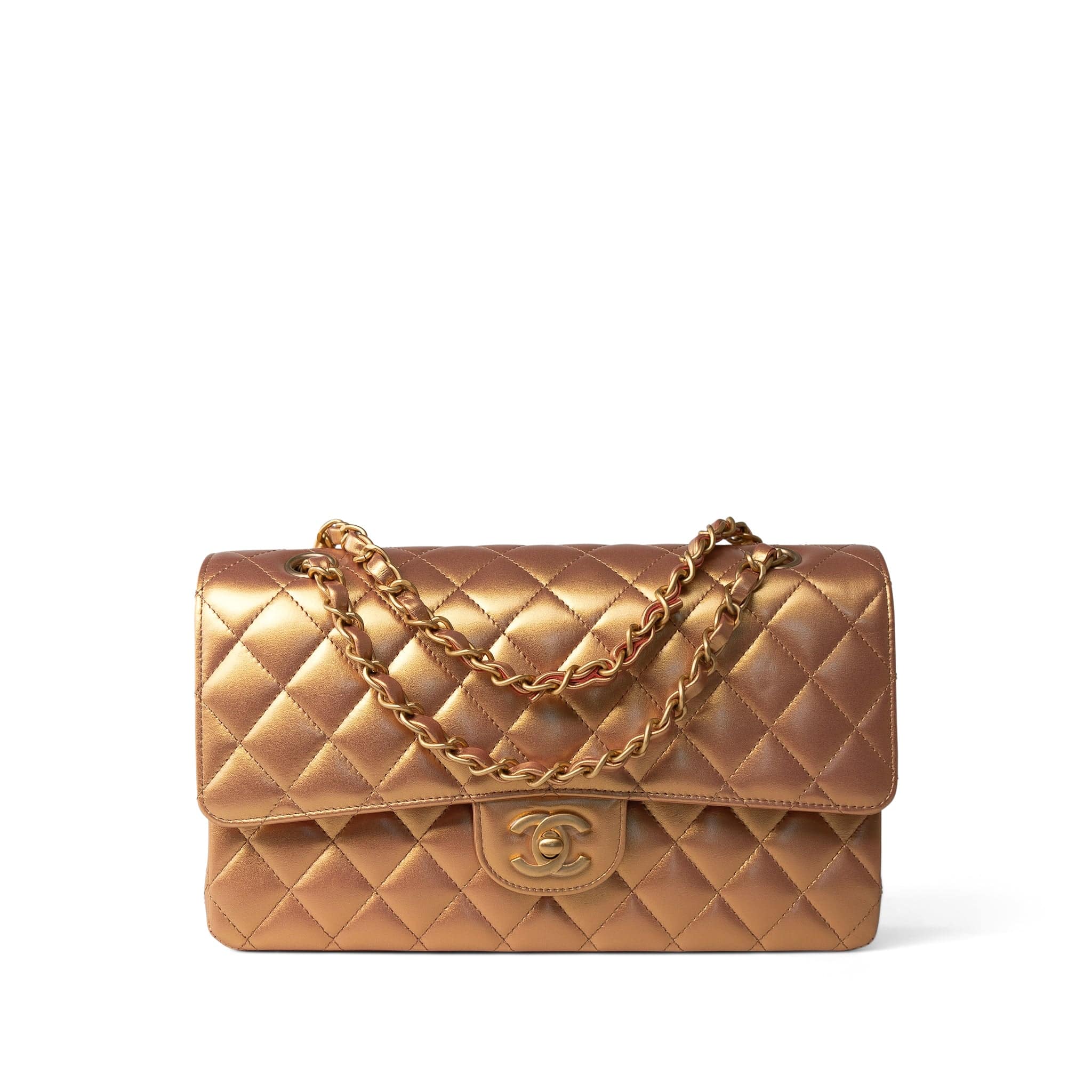 CHANEL Handbag Gold Metallic Gold Iridescent Calfskin Quilted Classic Flap Medium Aged Gold Hardware -Knockoff
