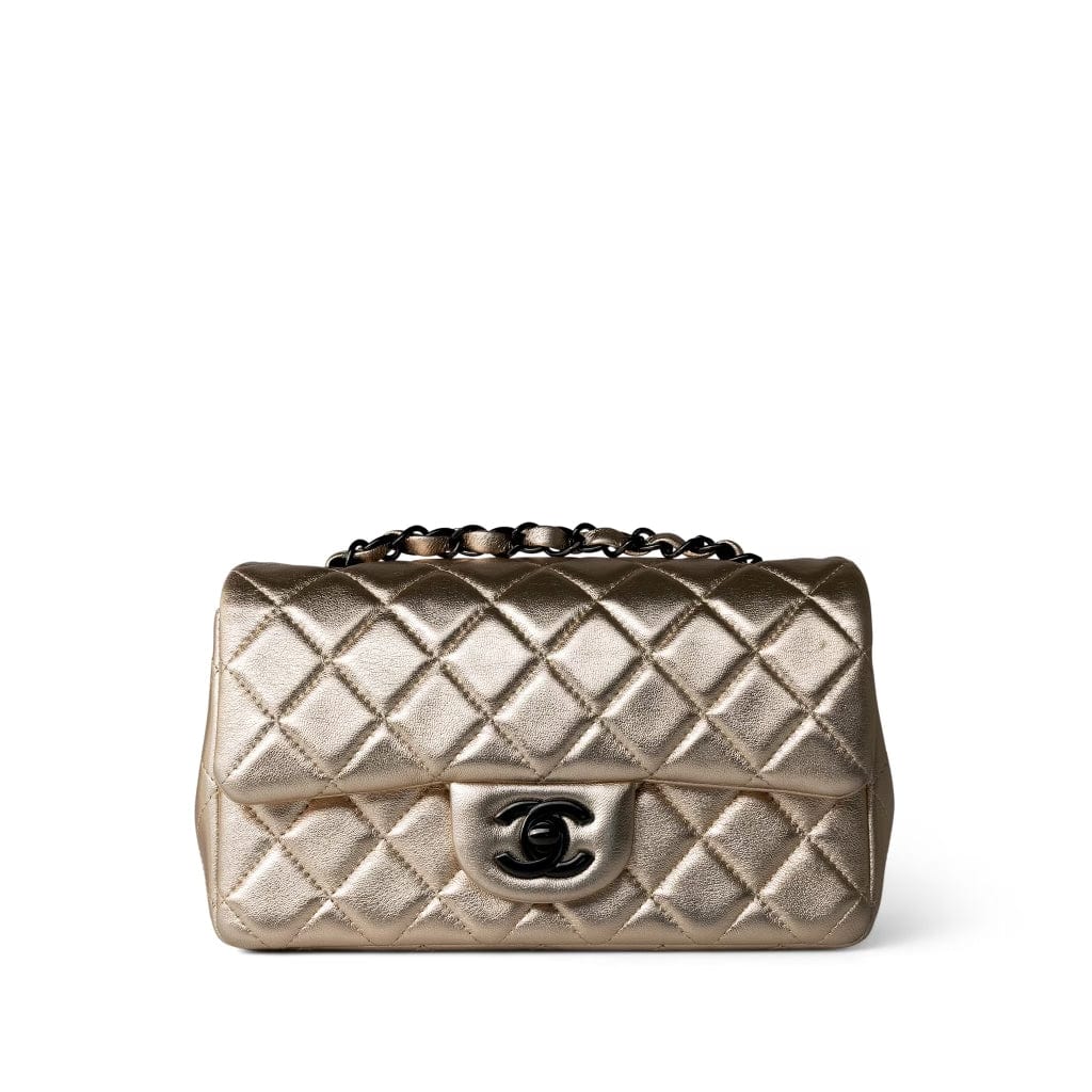 CHANEL Handbag Gold Metallic Gold Lambskin Quilted Mini Rectangular Flap -Knockoff
